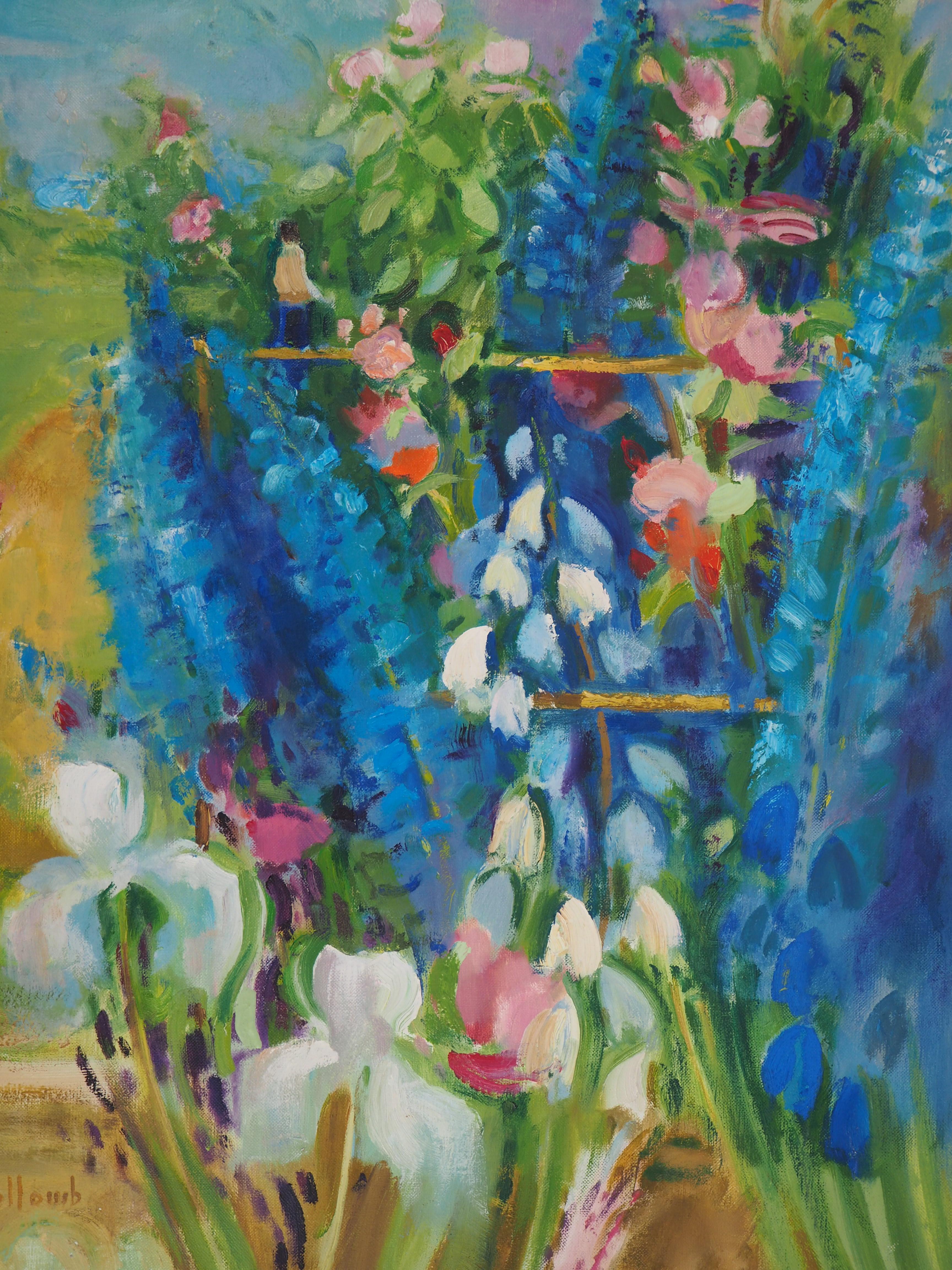 Garden : White Irises and Delphiniums - Original Oil Painting, Handsigned - Gray Landscape Painting by Paul Collomb