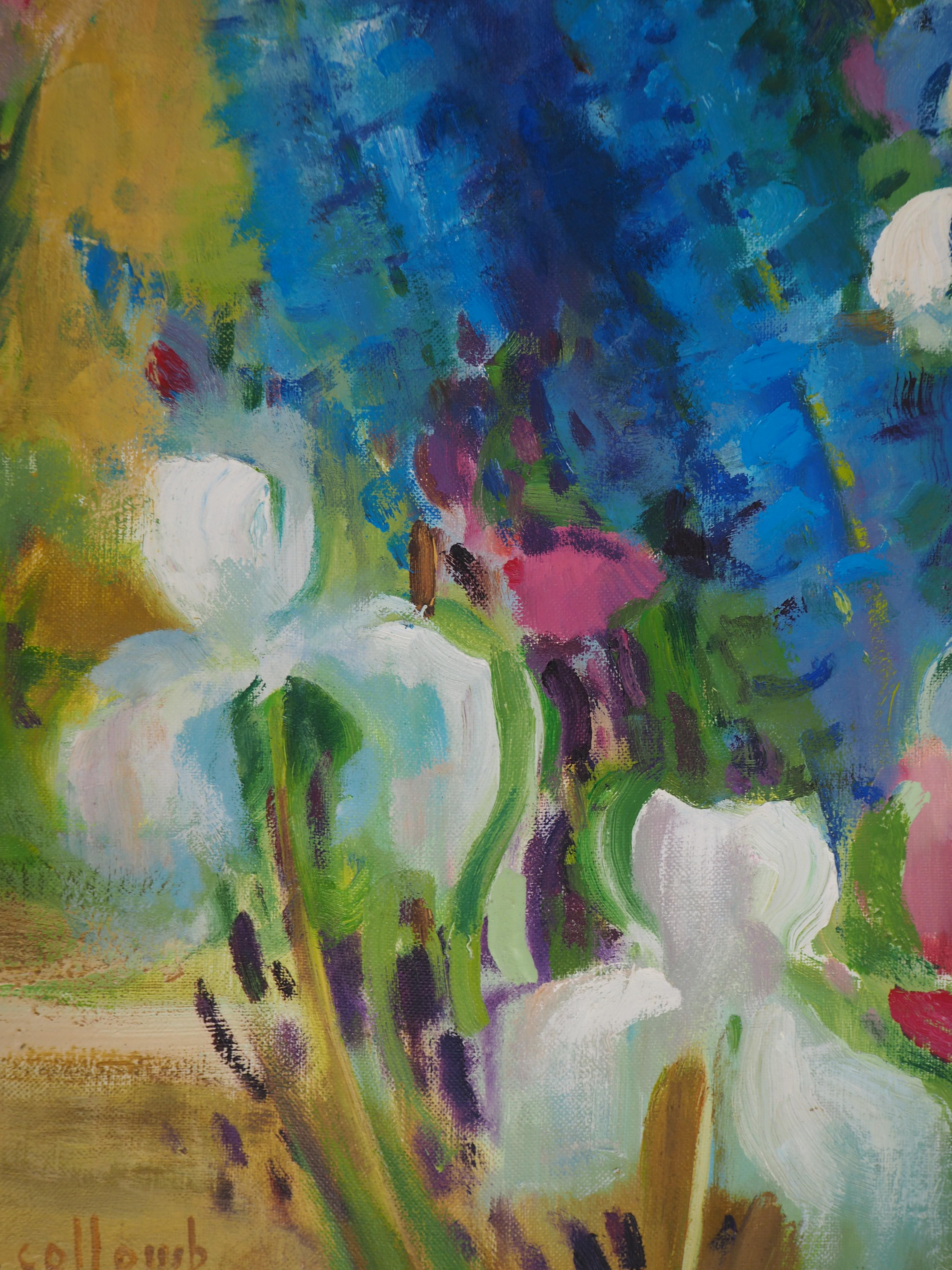 Garden : White Irises and Delphiniums - Original Oil Painting, Handsigned 2