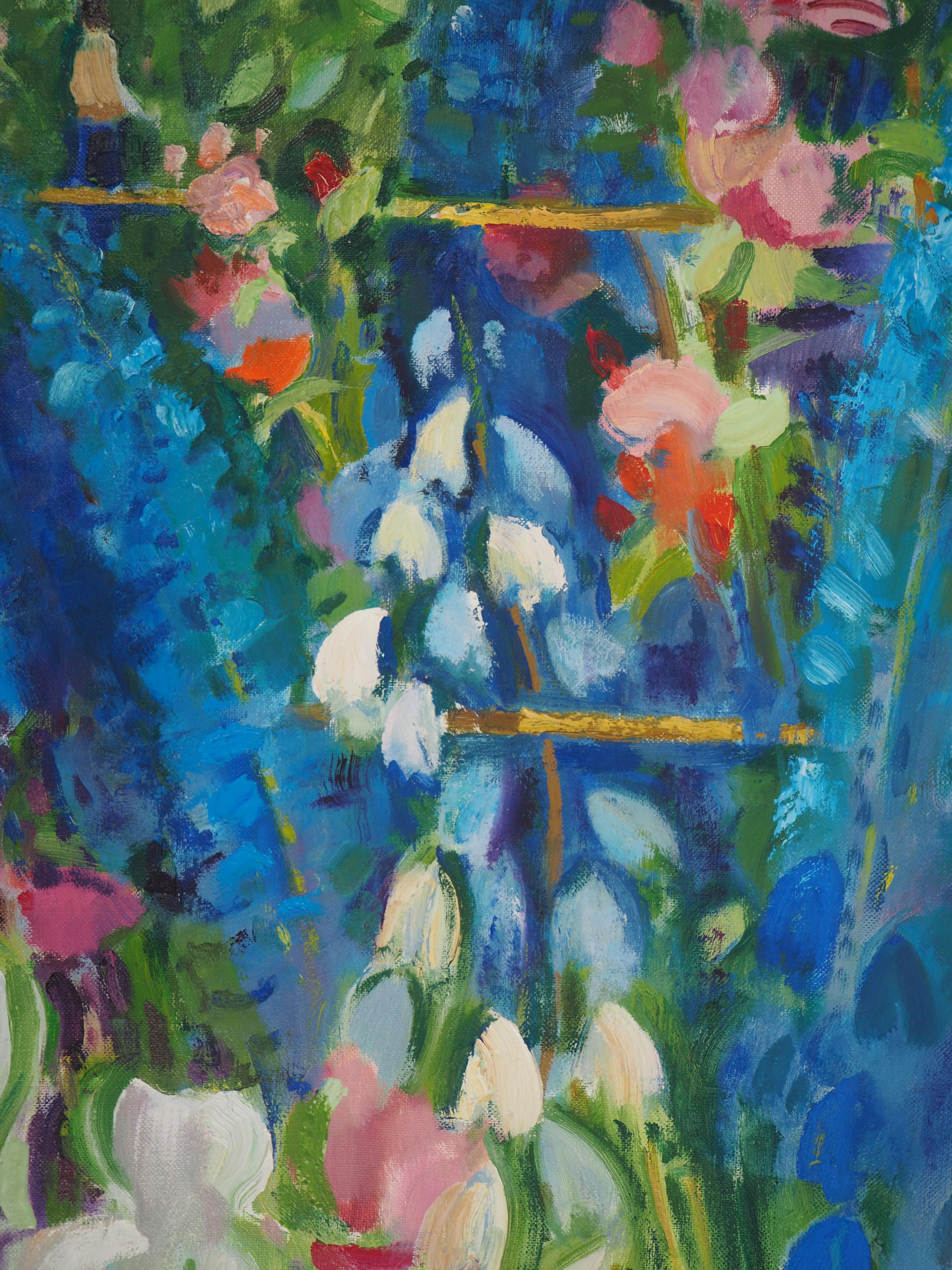 Garden : White Irises and Delphiniums - Original Oil Painting, Handsigned 1