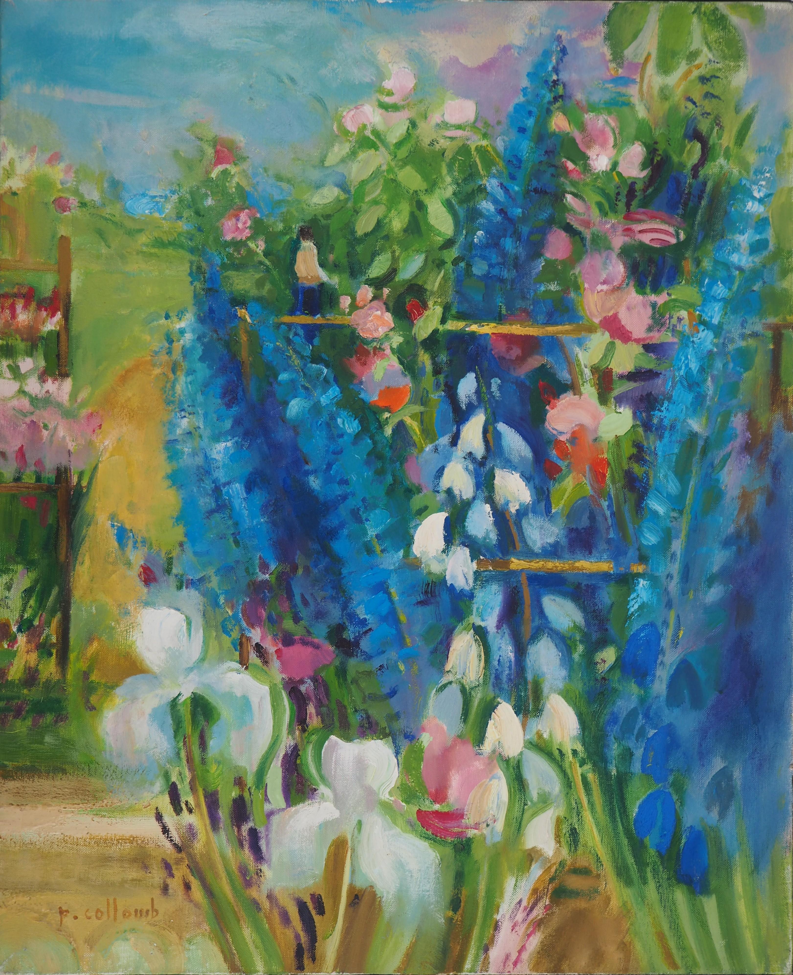 Paul Collomb Landscape Painting – Garden : White Irises and Delphiniums - Original Oil Painting, Handsigned