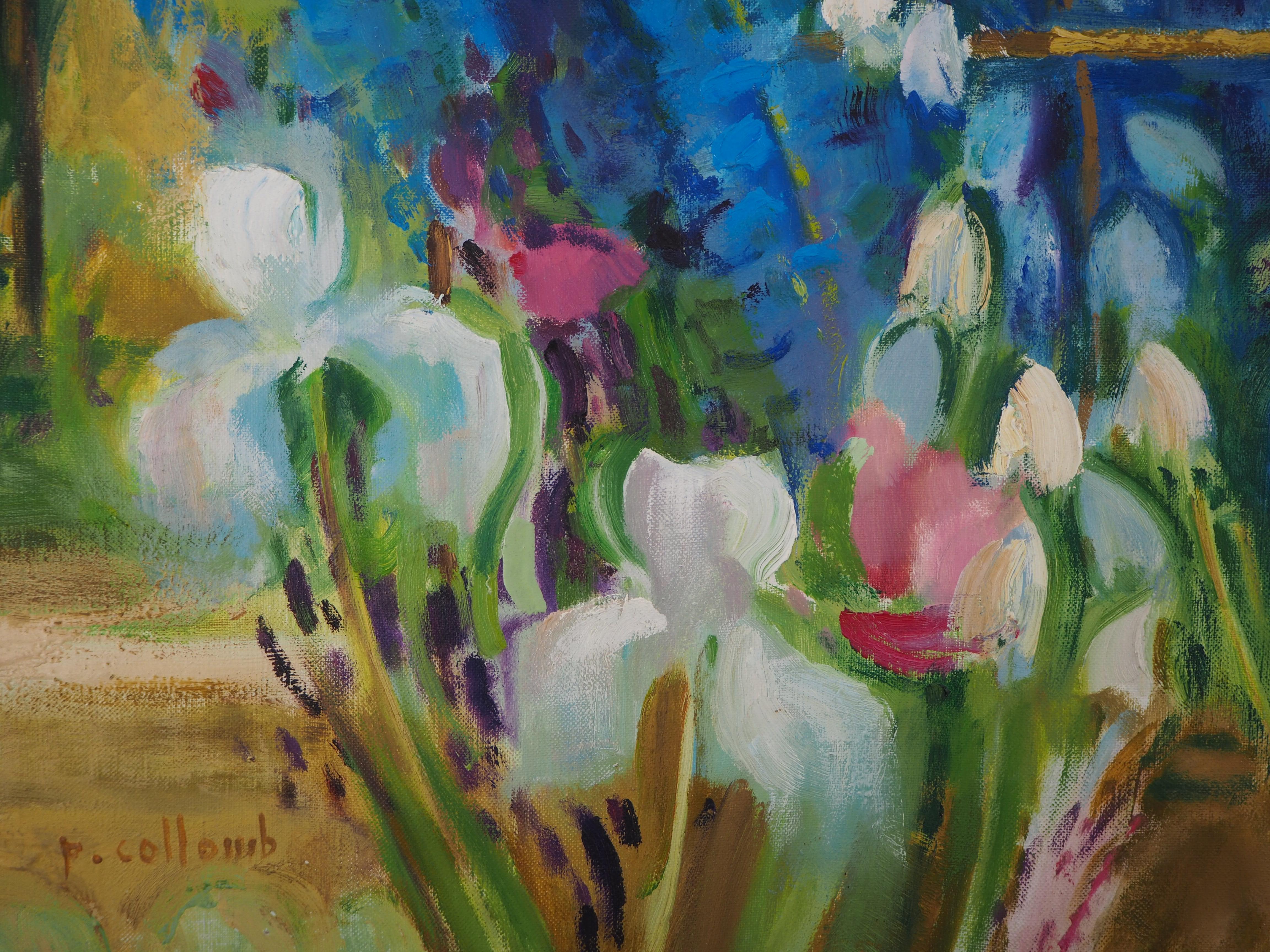 Garden : White Irises and Delphiniums - Original Oil Painting, Handsigned 4