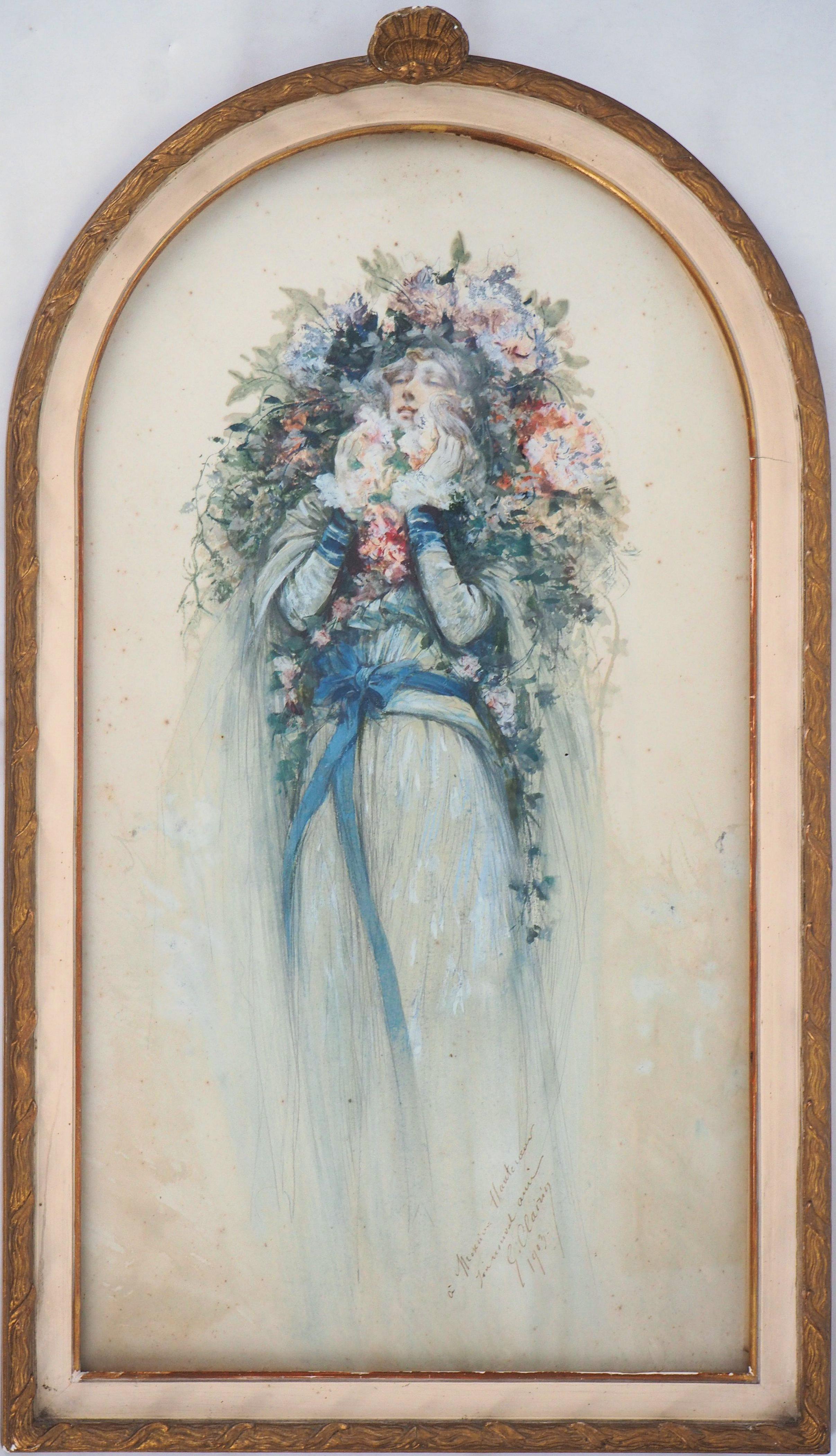 Georges Jules Victor Clairin Portrait – Theater: Sarah Bernhardt mit Blumen – Original-Aquarell, handsigniert