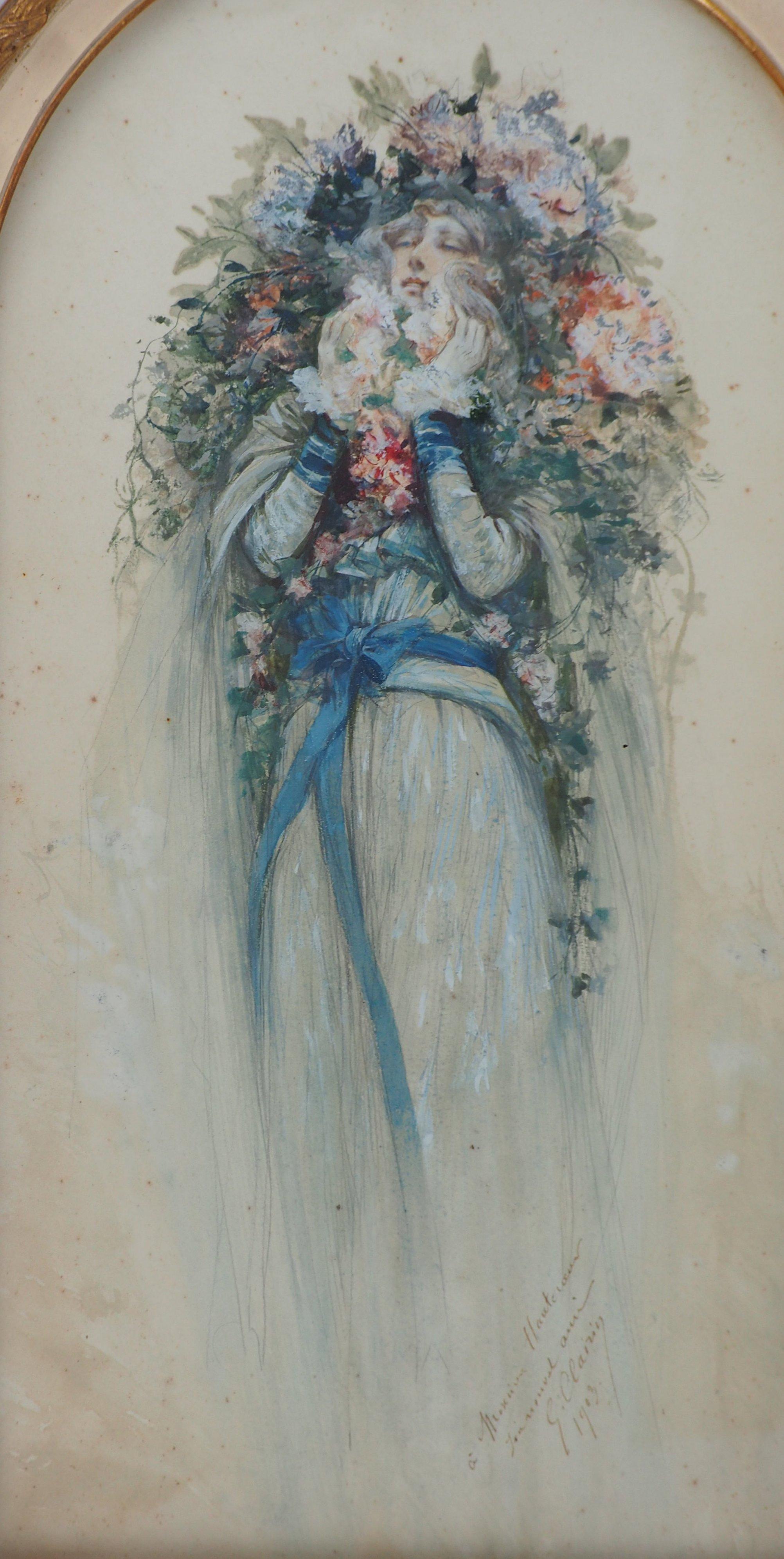 Theater: Sarah Bernhardt mit Blumen – Original-Aquarell, handsigniert – Art von Georges Jules Victor Clairin