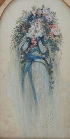 Theater : Sarah Bernhardt with Flowers - Original Watercolor, Handsigned
