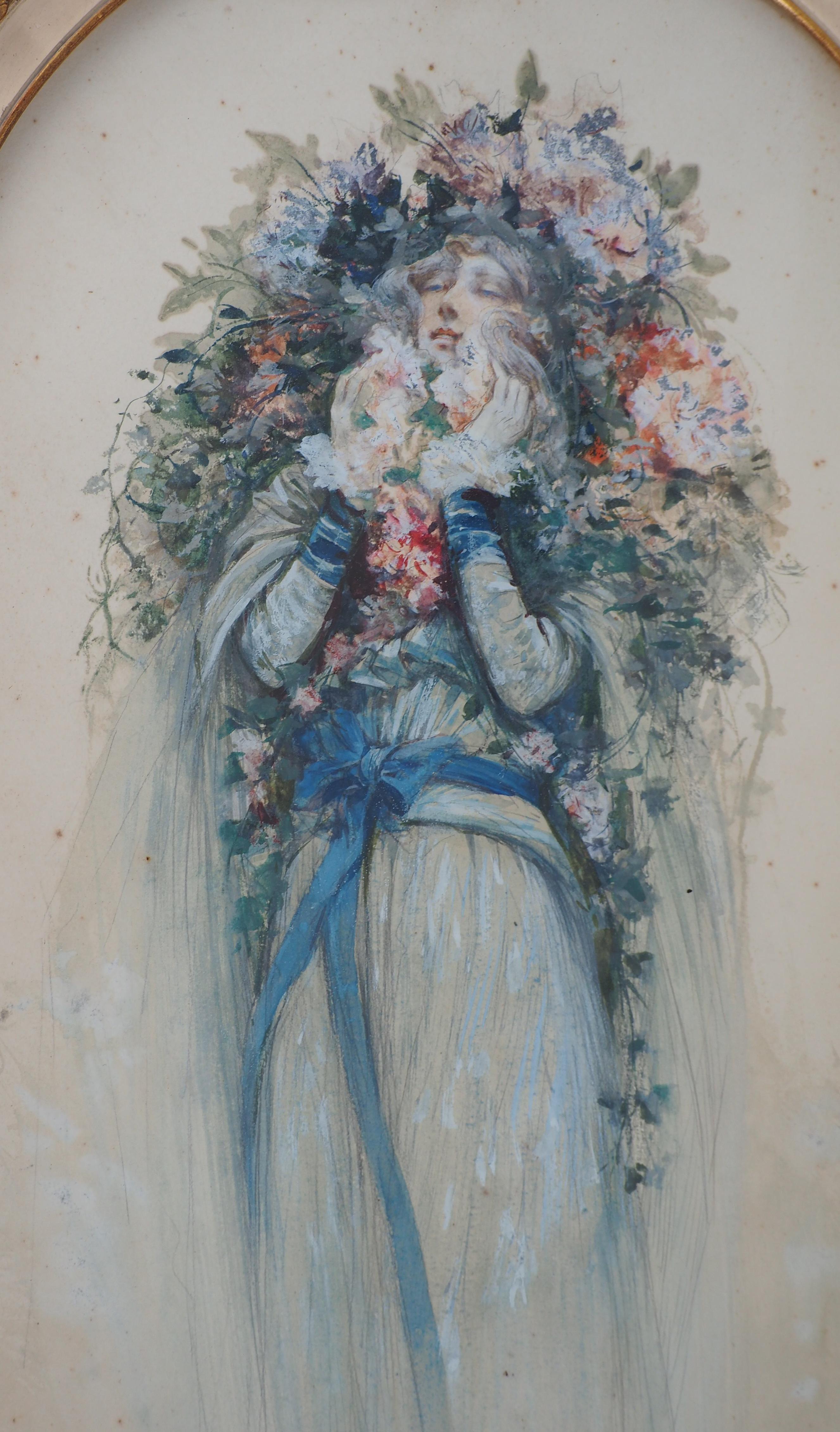 Theater: Sarah Bernhardt mit Blumen – Original-Aquarell, handsigniert (Art déco), Art, von Georges Jules Victor Clairin