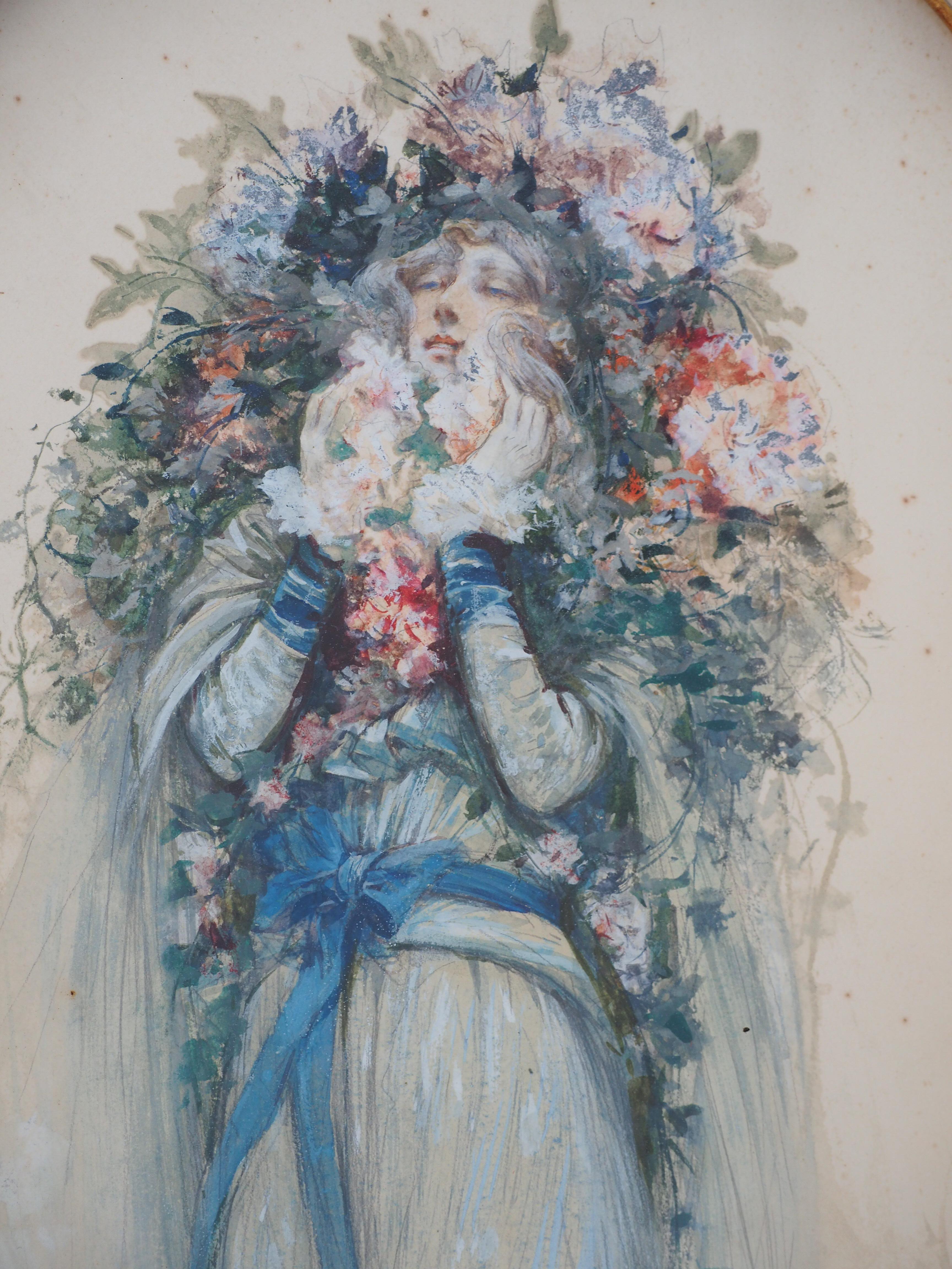 Theater: Sarah Bernhardt mit Blumen – Original-Aquarell, handsigniert (Grau), Portrait, von Georges Jules Victor Clairin