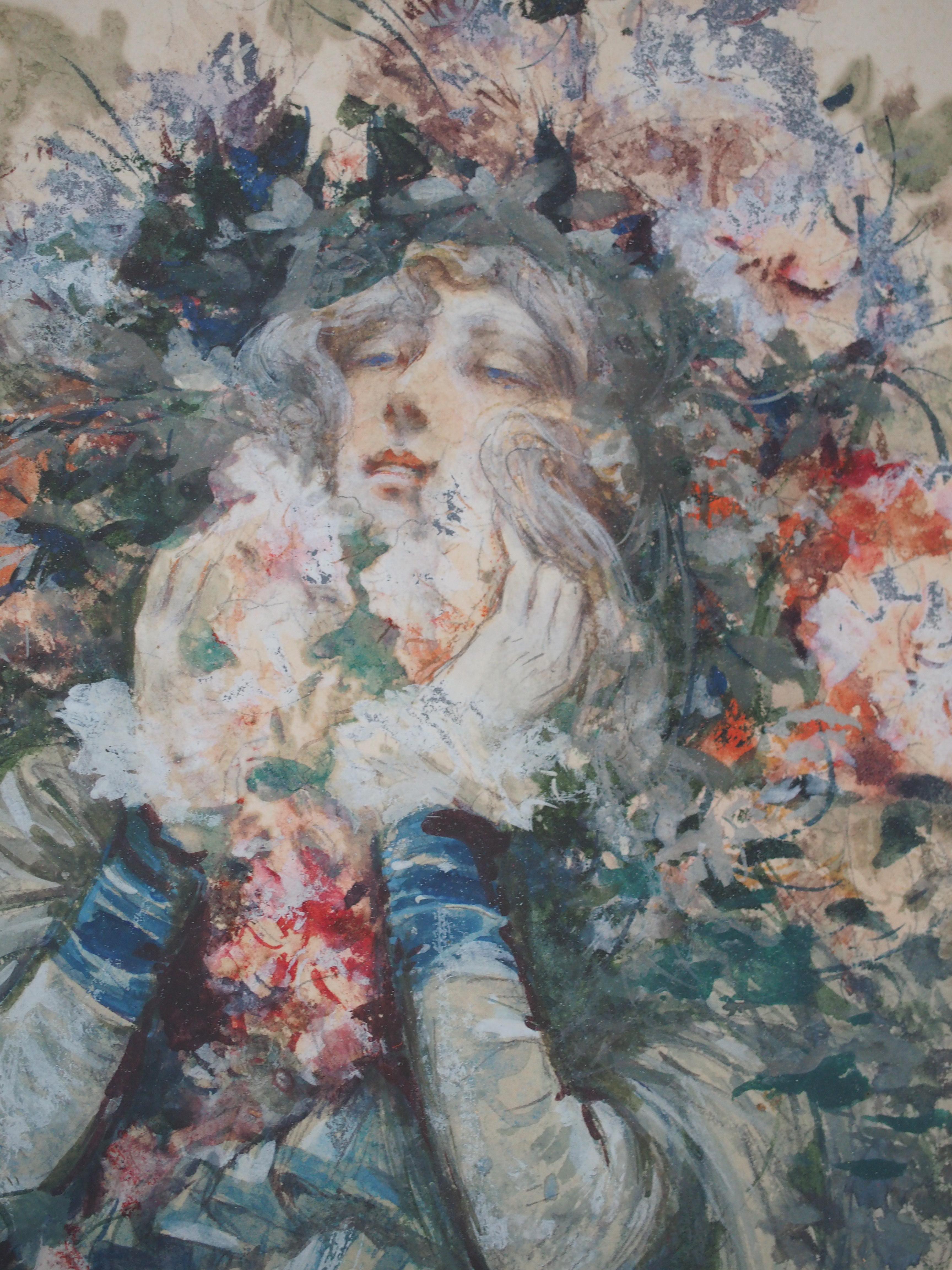 Theater: Sarah Bernhardt mit Blumen – Original-Aquarell, handsigniert im Angebot 1