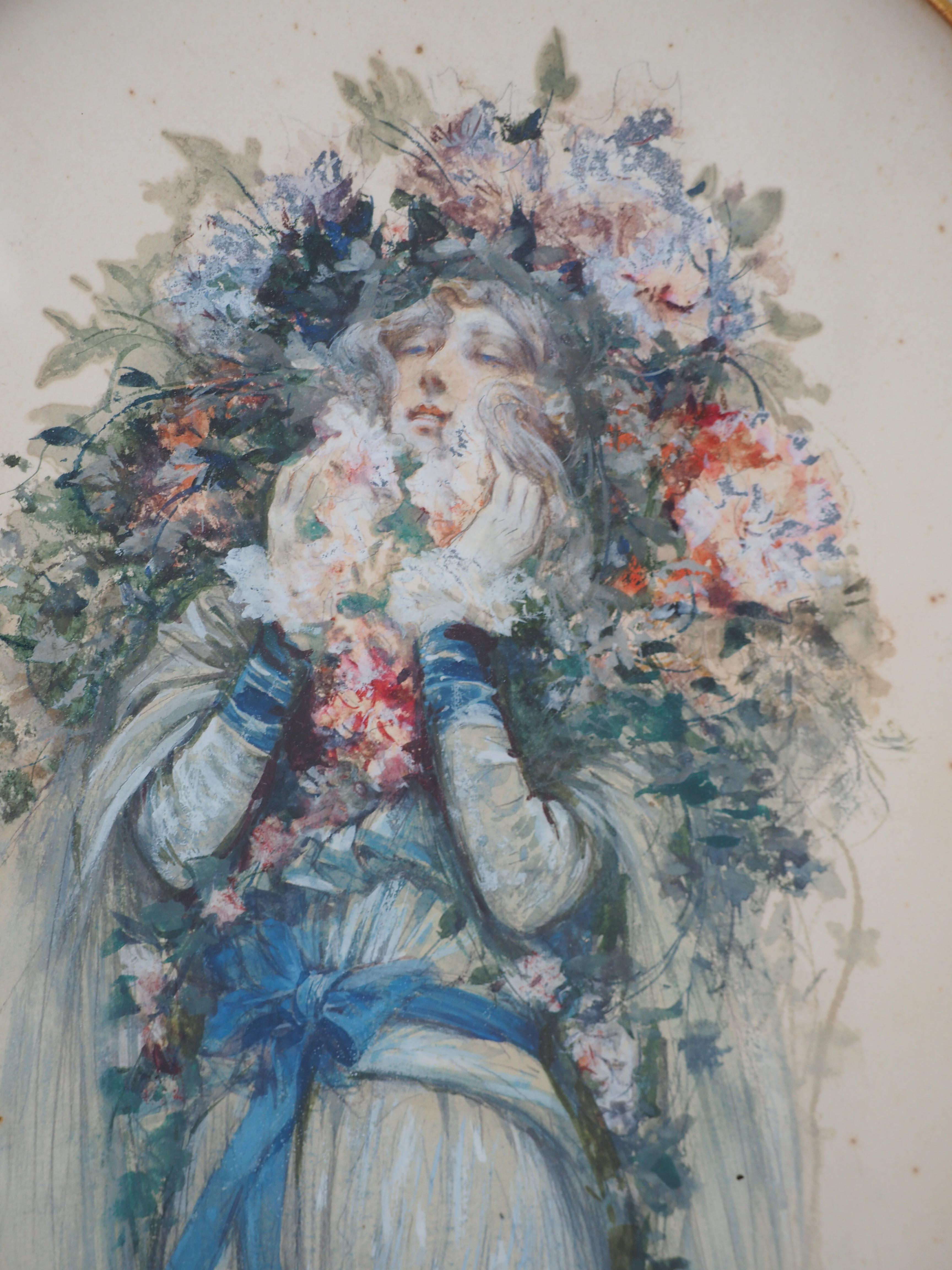 Theater : Sarah Bernhardt with Flowers - Original Watercolor, Handsigned For Sale 1