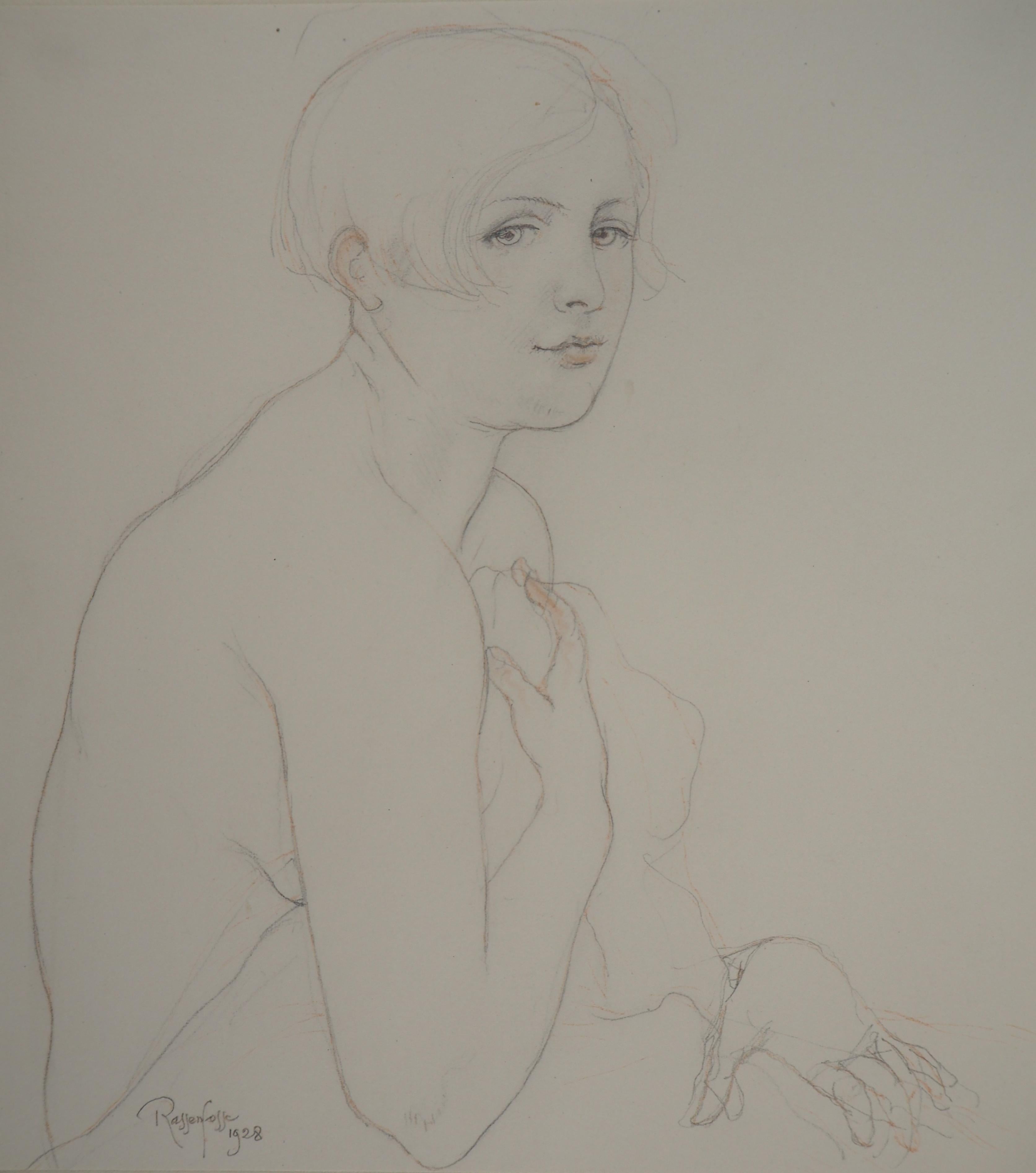 Armand Rassenfosse Figurative Art - Shy Woman - Original drawing, Handsigned