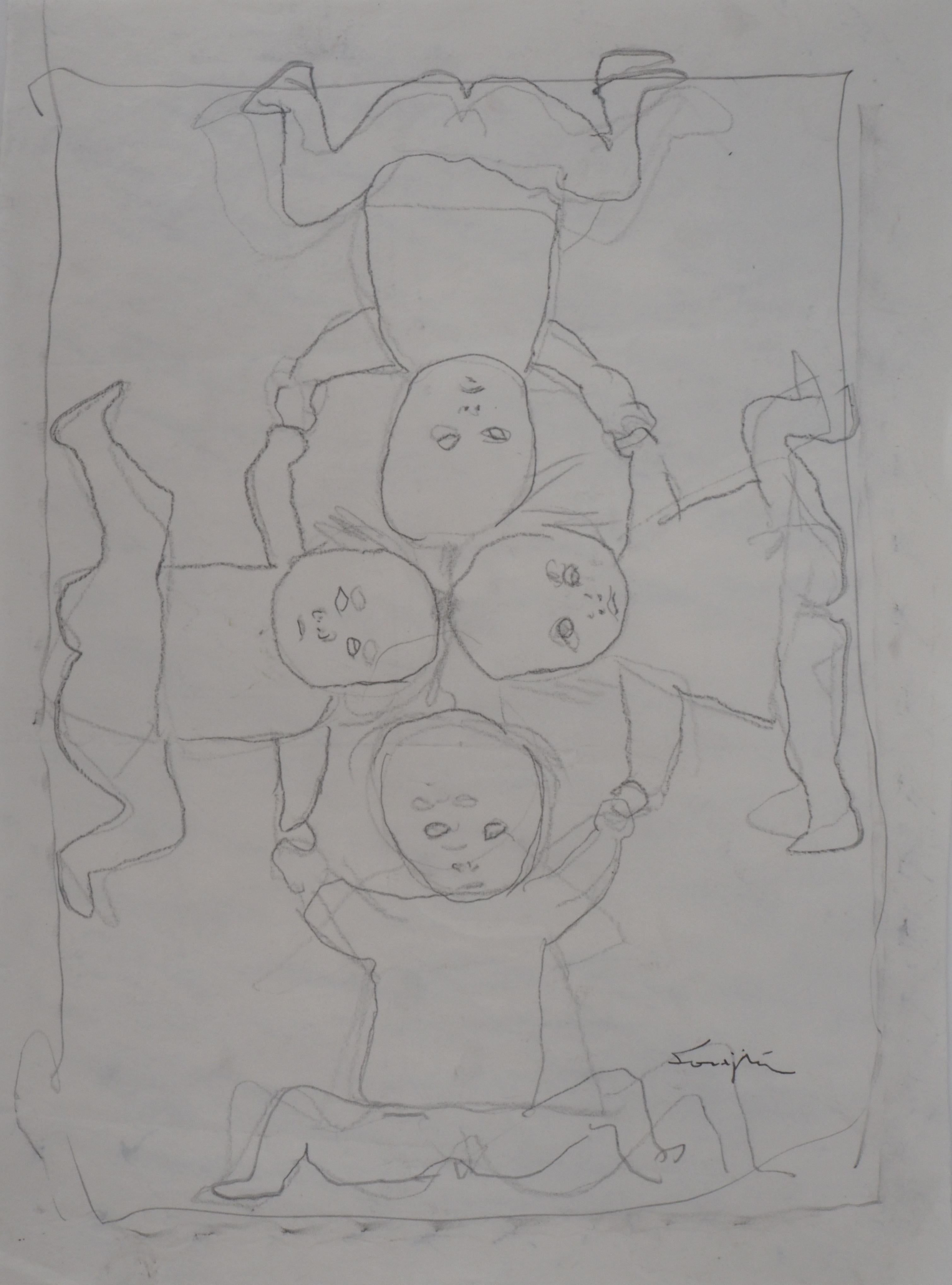 Jugando a los niños - Dibujo original a lápiz, Firmado a mano