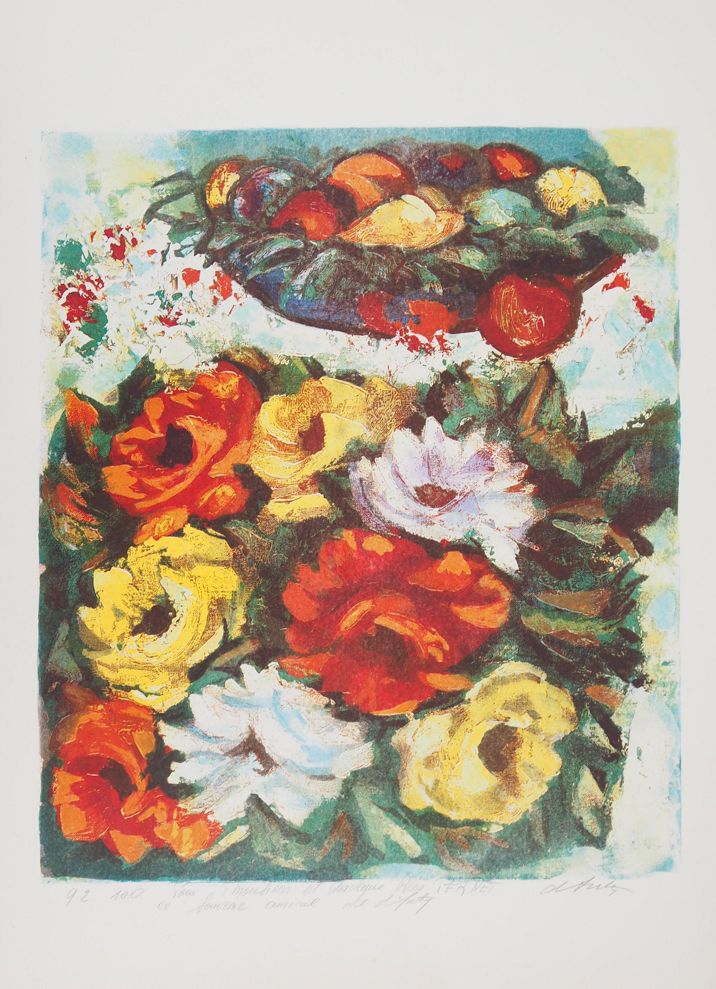 Bouquet de fleurs - Lithographie originale signée