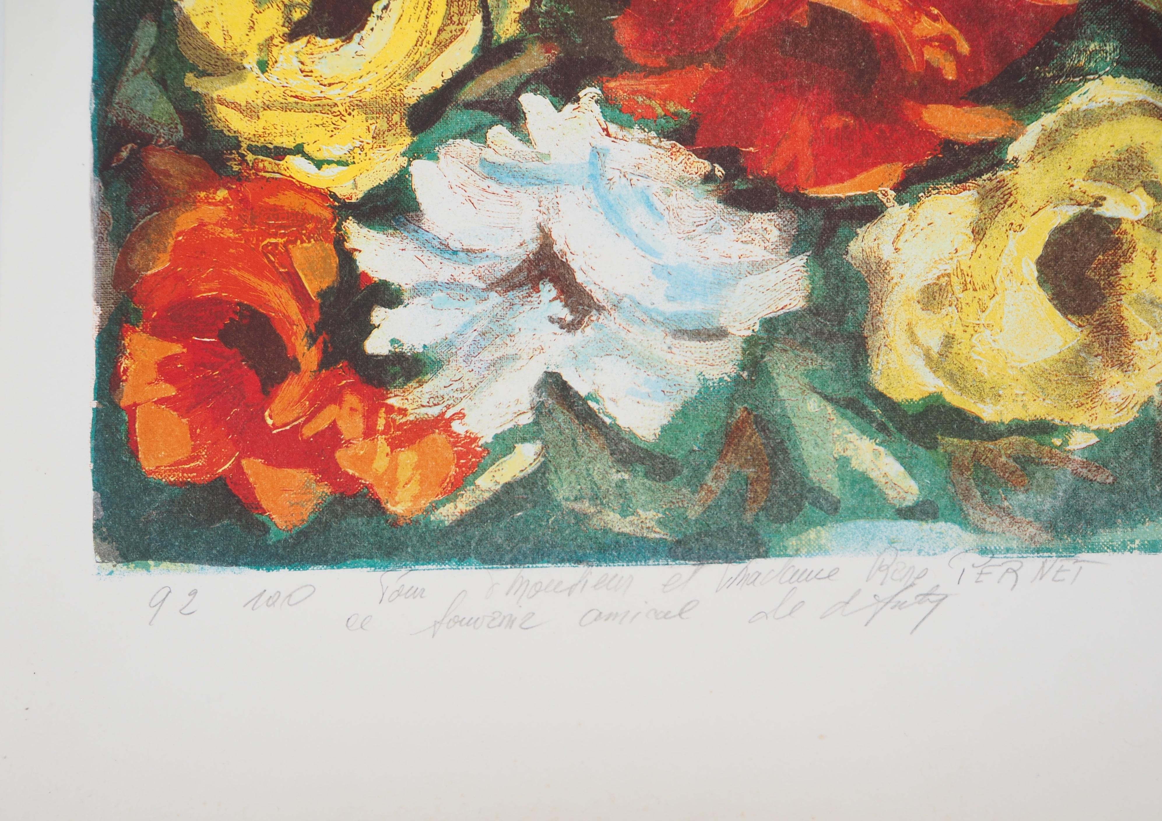 Henry Maurice D'ANTY
Blumenstrauß

Original-Lithographie
Vom Künstler mit Bleistift signiert
Auf Vellum, Format 64 x 46 cm (ca. 25,1 x 18,1 inch)
Nummeriert /100 und gewidmet

Sehr guter Zustand, leichte Falten, einige rötliche Flecken und schwarzer