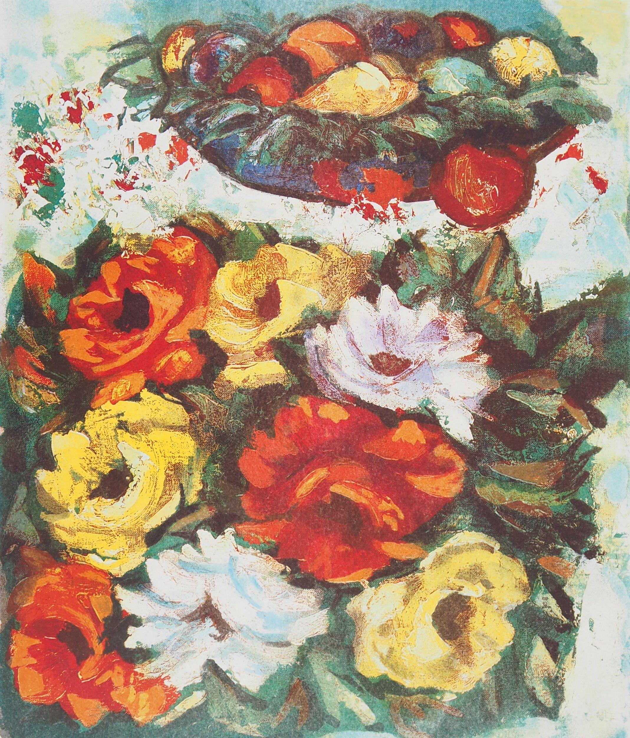Blumenstrauß – Original signierte Lithographie (Beige), Still-Life Print, von Henry Maurice D'Anty