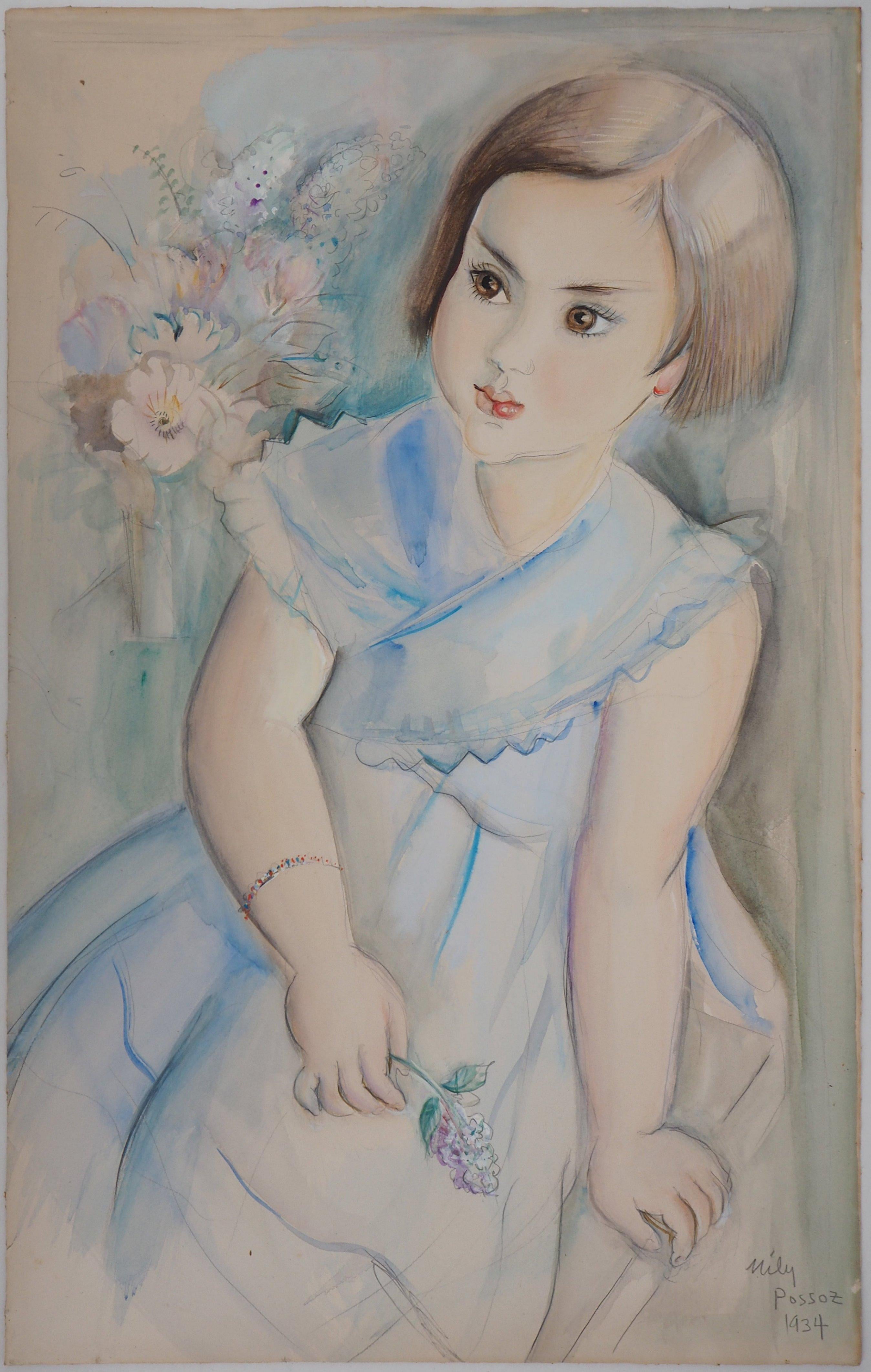 Portrait Mily Possoz - Jeune fille aux violets - Peinture originale à l'aquarelle et à la gouache, signée