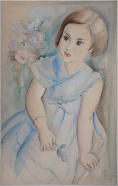 Young Girl with Violets – Original Aquarell- und Gouache-Gemälde, signiert