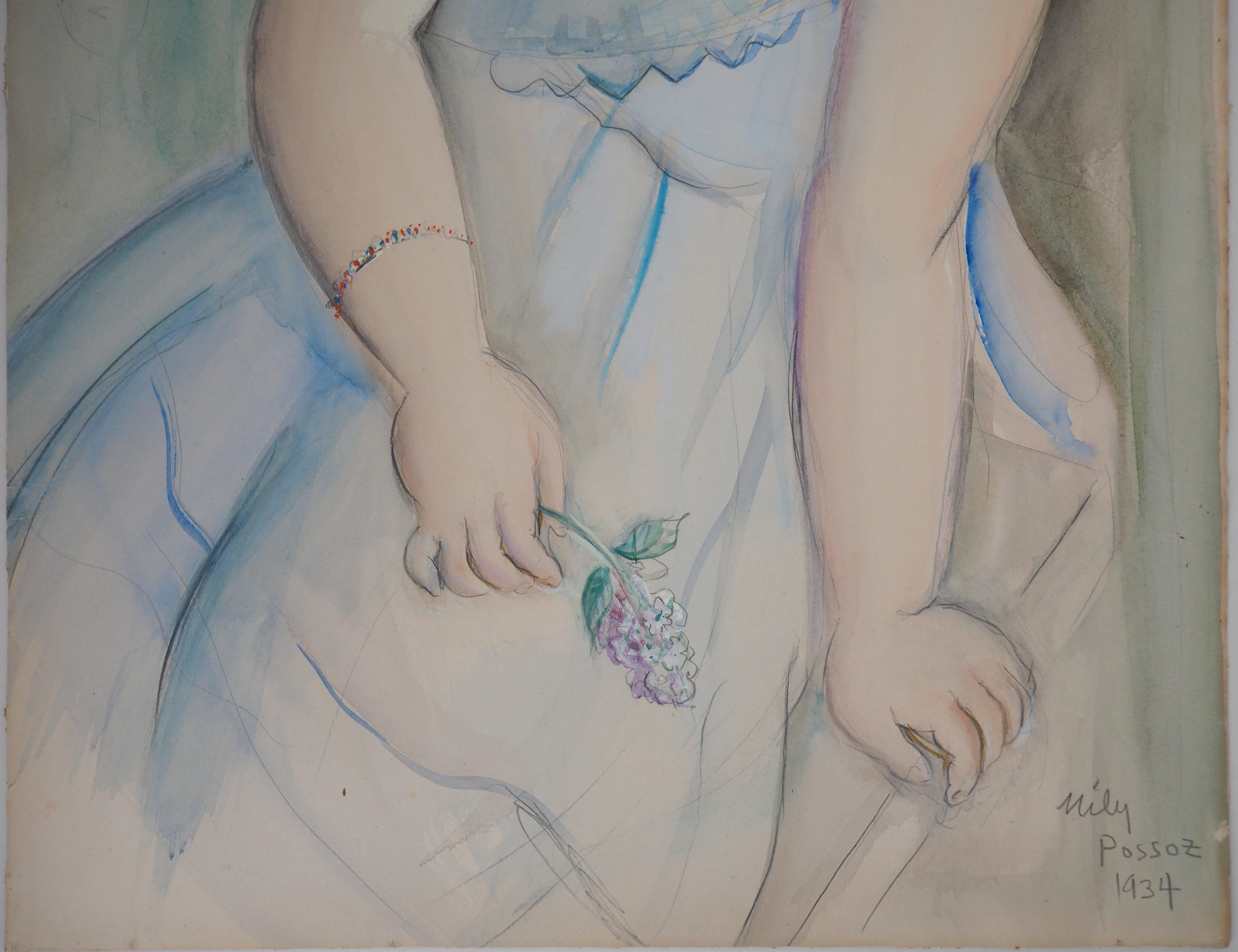 Jeune fille aux violets - Peinture originale à l'aquarelle et à la gouache, signée en vente 2