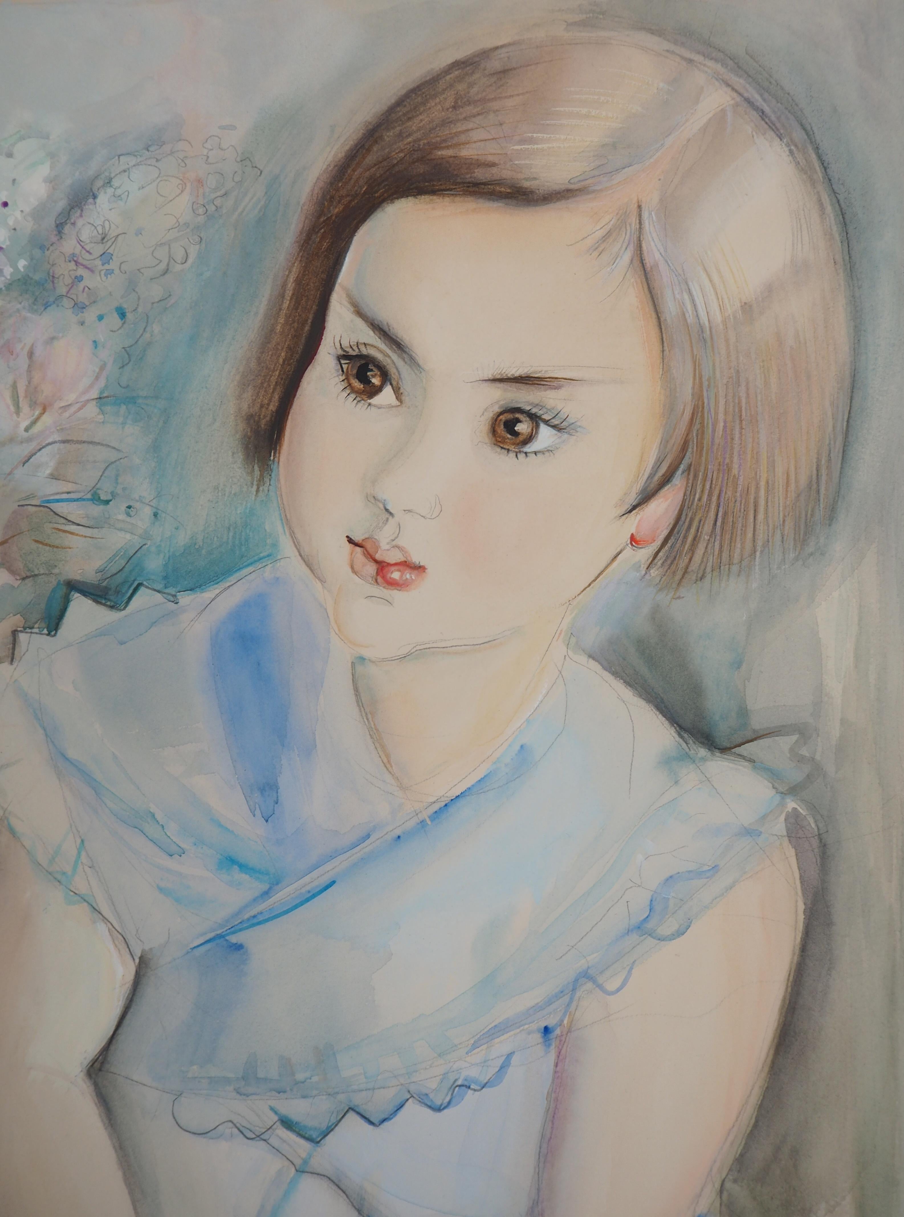 Young Girl with Violets - Original Watercolor and Gouache Painting, Signed - Modern Art by Mily Possoz