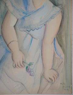 Giovane ragazza con le violette - Pittura originale ad acquerello e guazzo, firmata