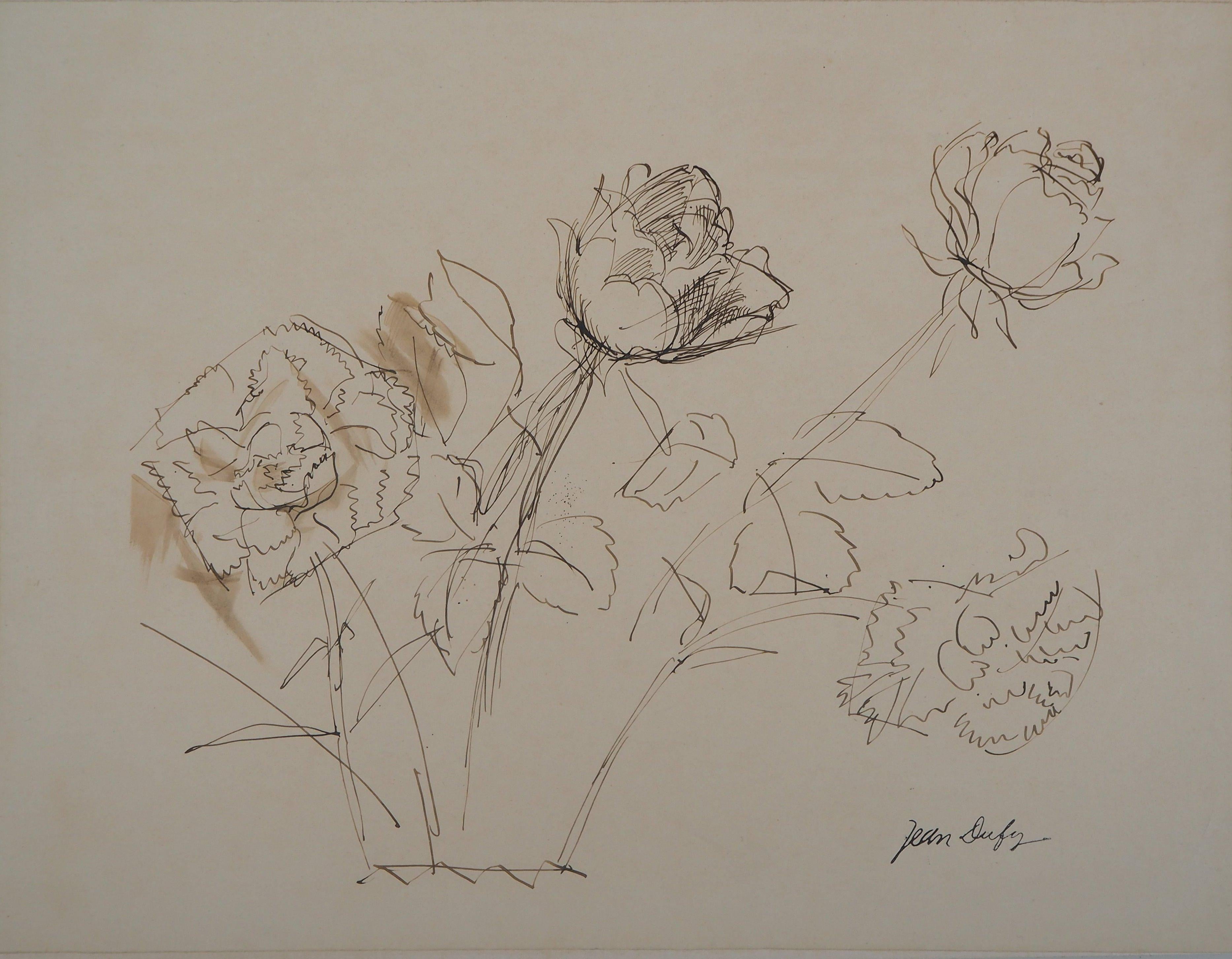 Bouquet de roses - dessin à l'encre d'origine, signé