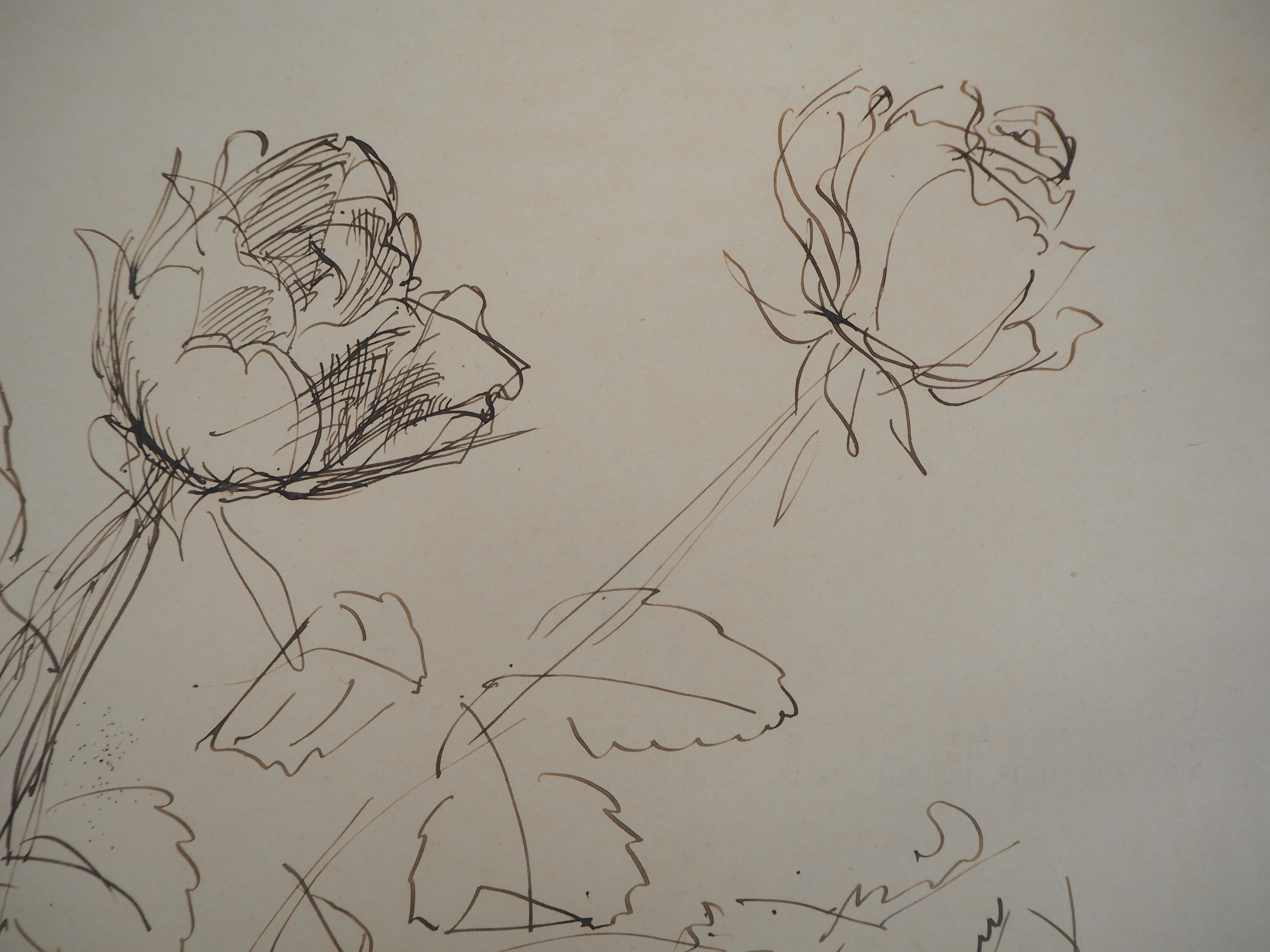 Bouquet of Roses - Original ink drawing, Signed - Gray Still-Life by Jean Dufy