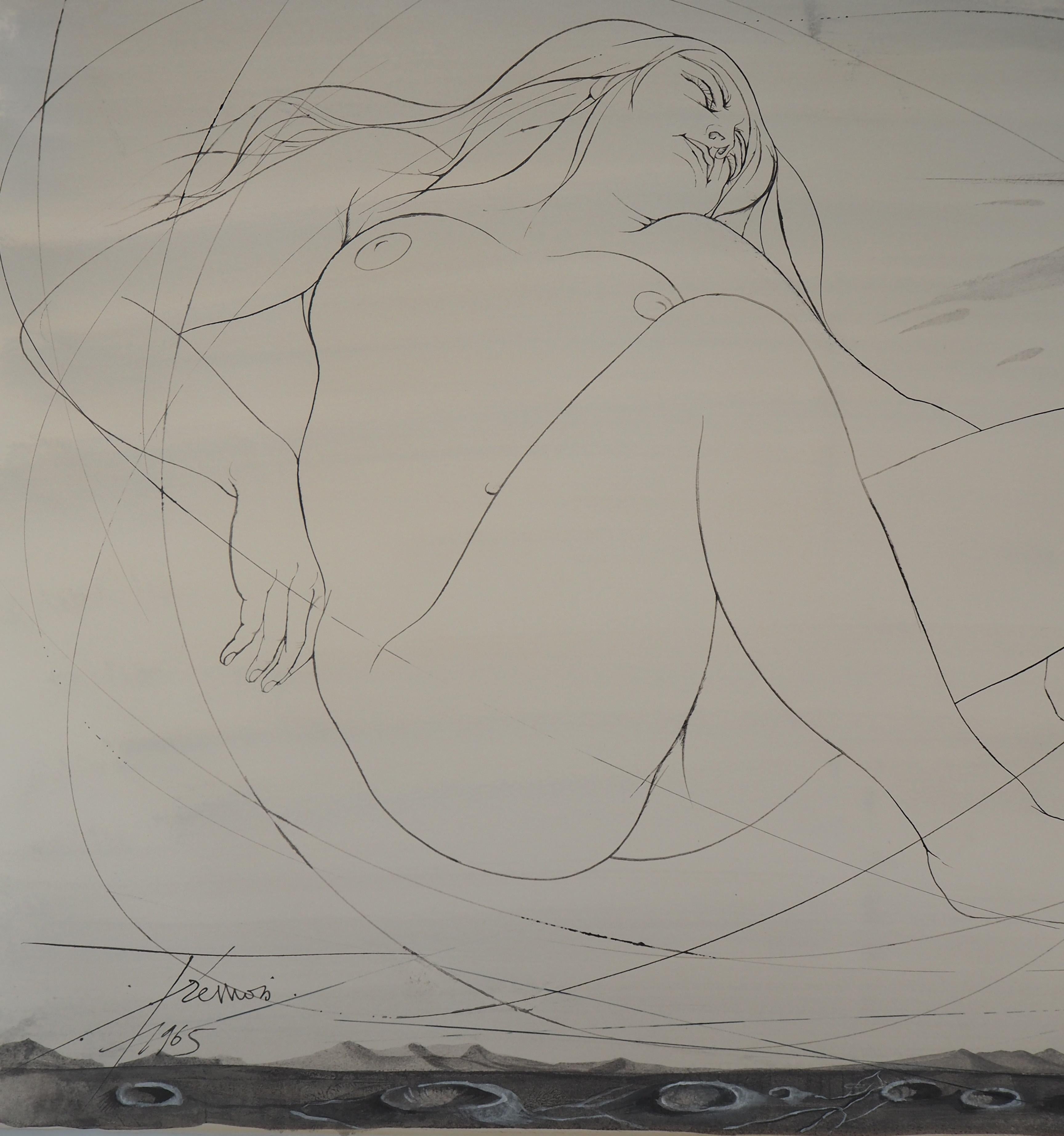 Celestial Dream - Original watercolor, Handsigned - Gray Nude by Pierre-Yves Trémois