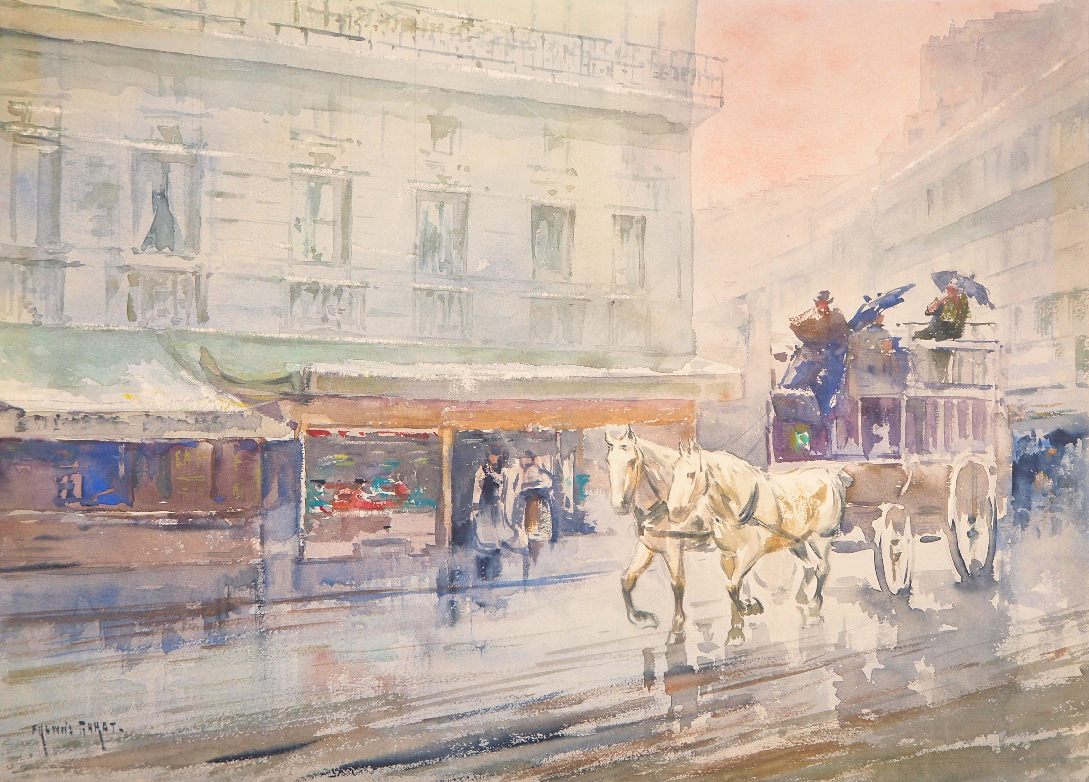Francis Garat Landscape Art - Omnibus in Paris - Handsigned Original Watercolor Painting
