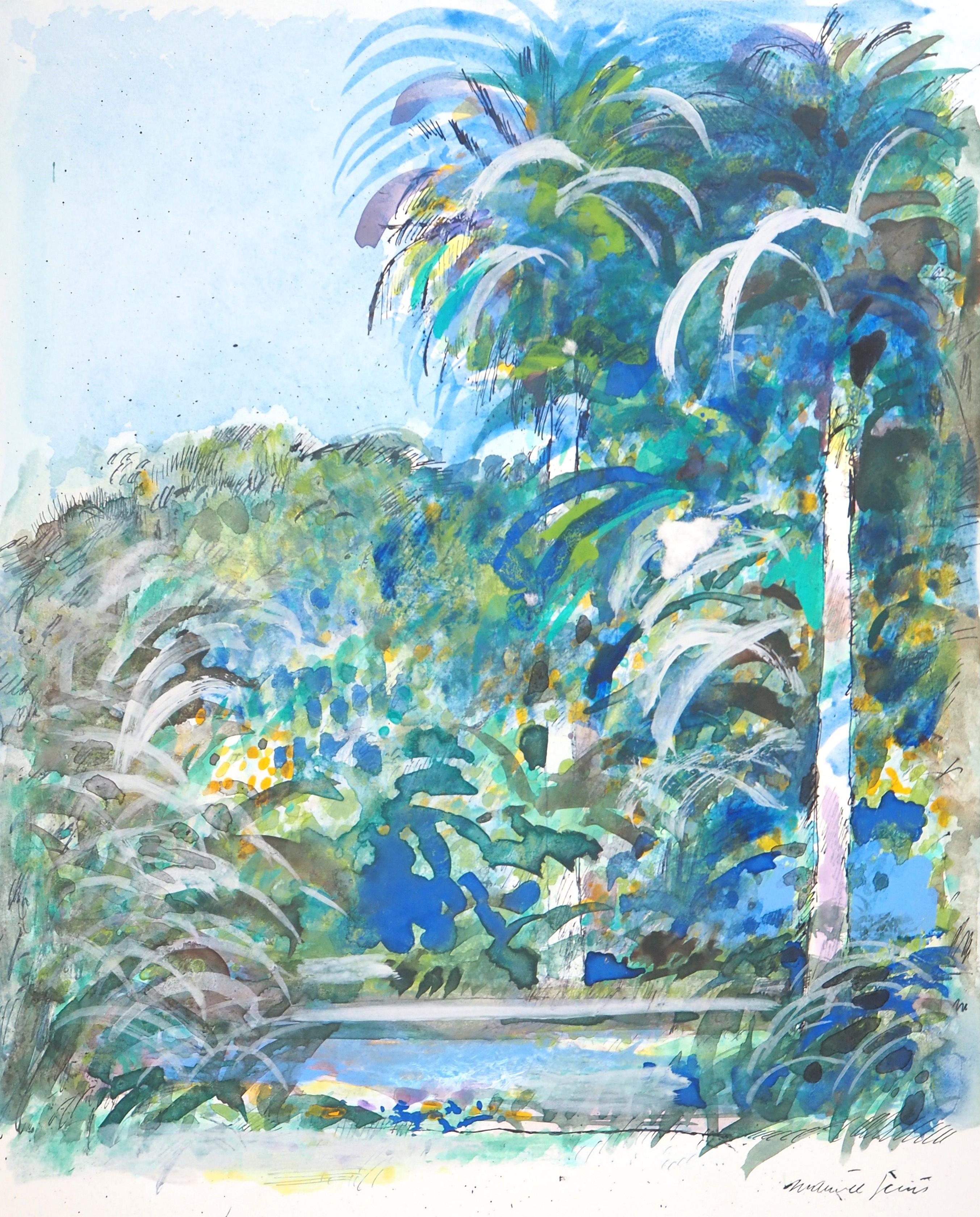 Maurice Genis Landscape Art - Tropical Dream - Original Handsigned Watercolor, Gouache and Ink Painting