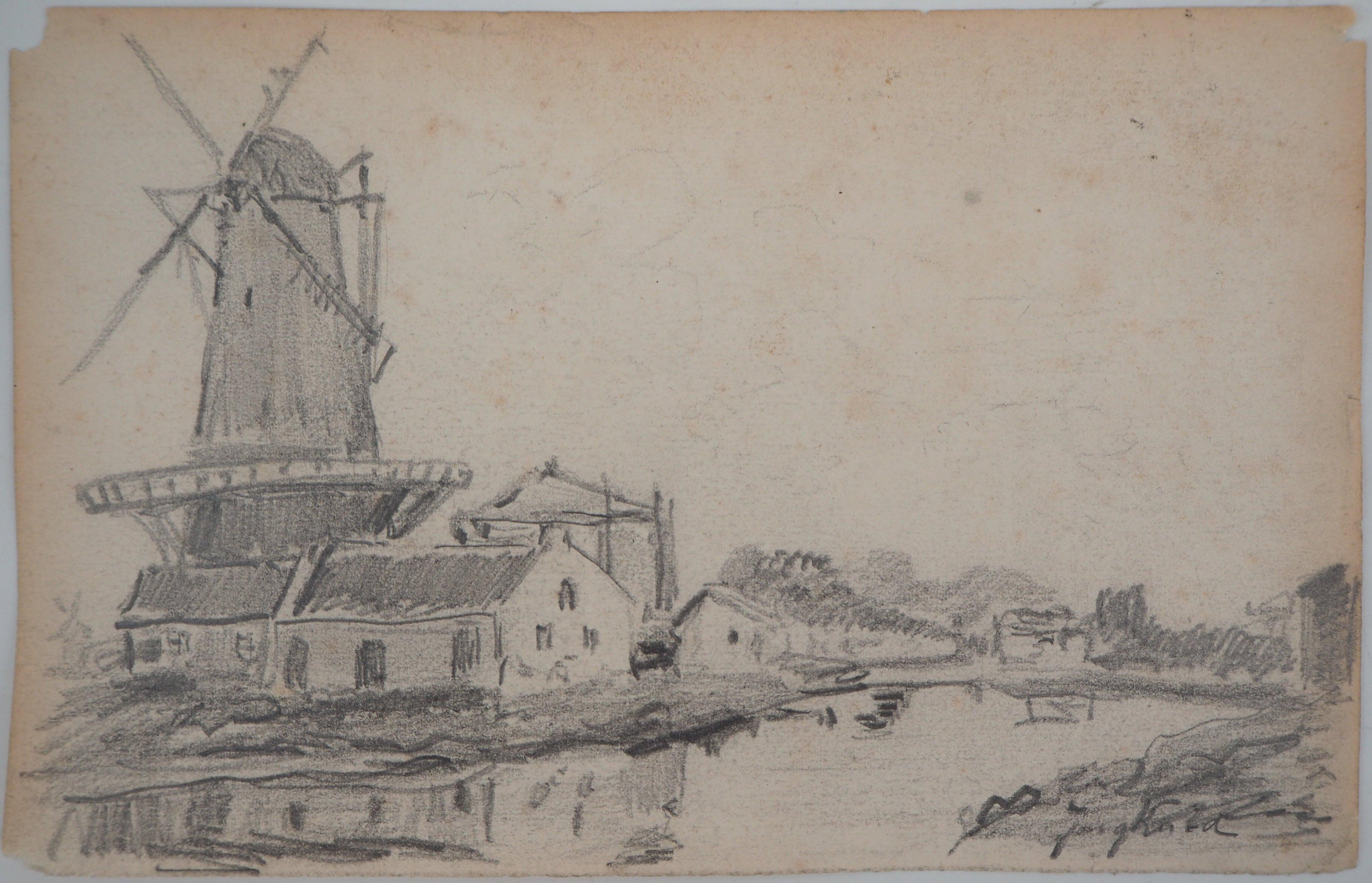 Johan Barthold Jongkind Landscape Art - Windmill in Holland - Original pencil drawing - Signed