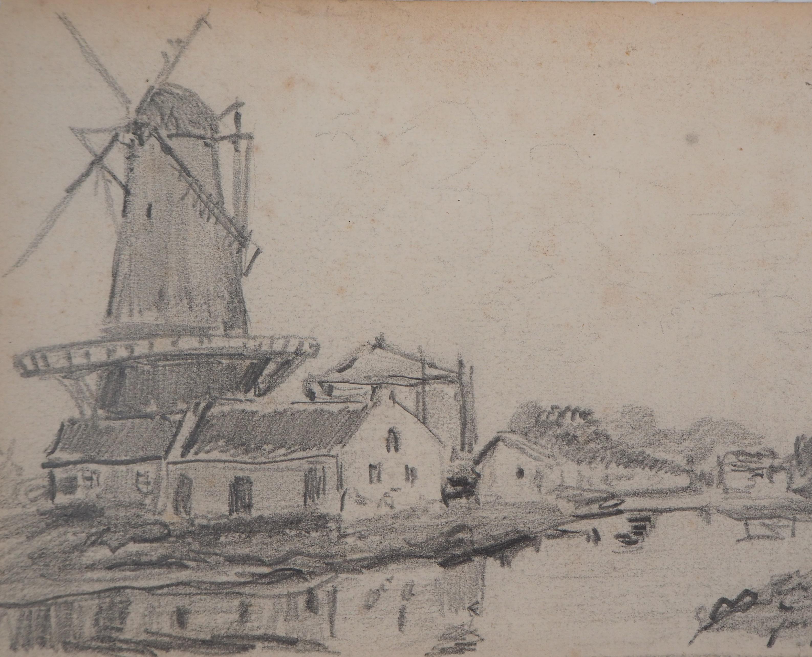 Windmill in Holland - Original pencil drawing - Signed - Art by Johan Barthold Jongkind