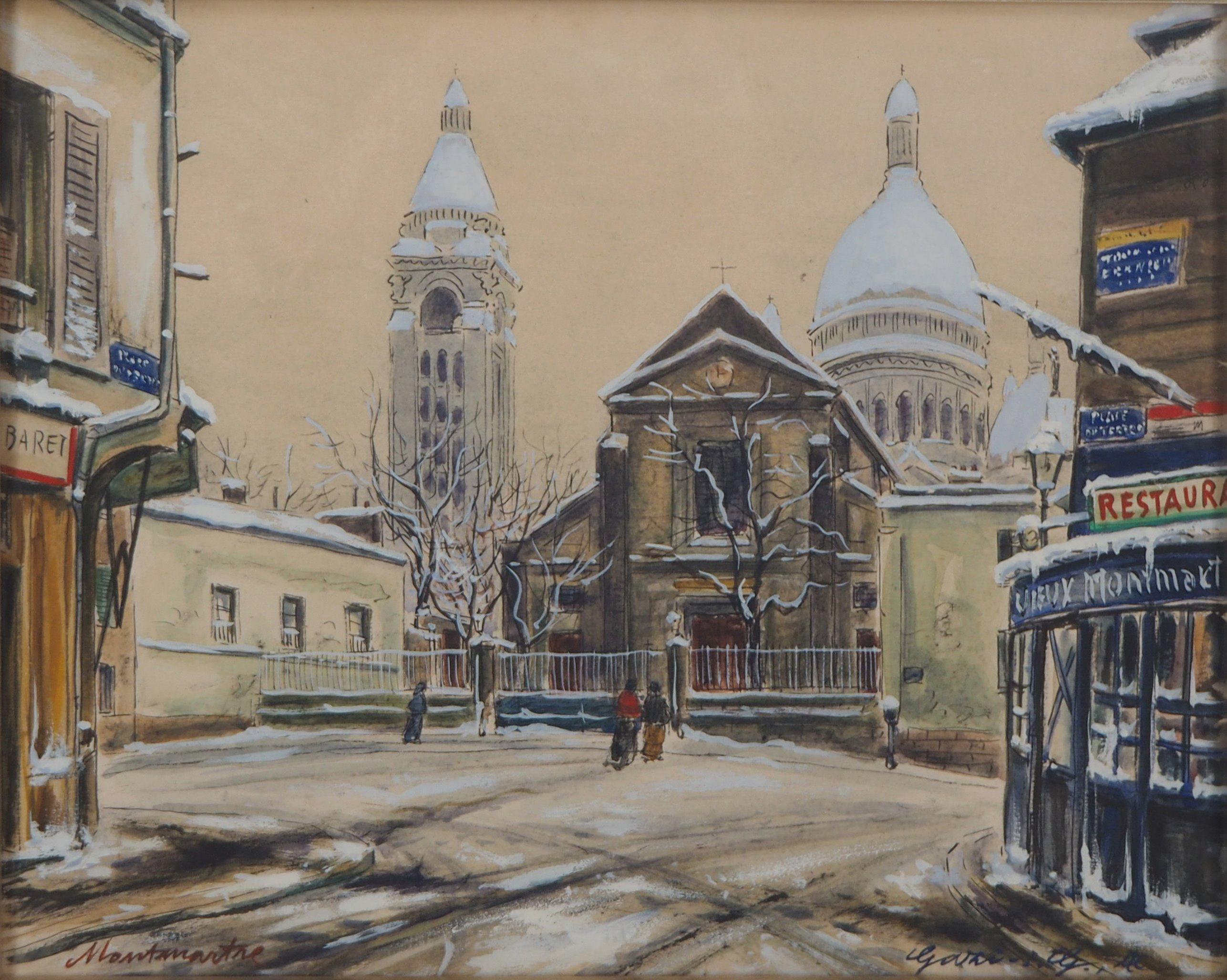 Paris Montmartre : Sacre Coeur Church - Original watercolor, Signed (Utrillo) - Art by IG Gazi le Tatar