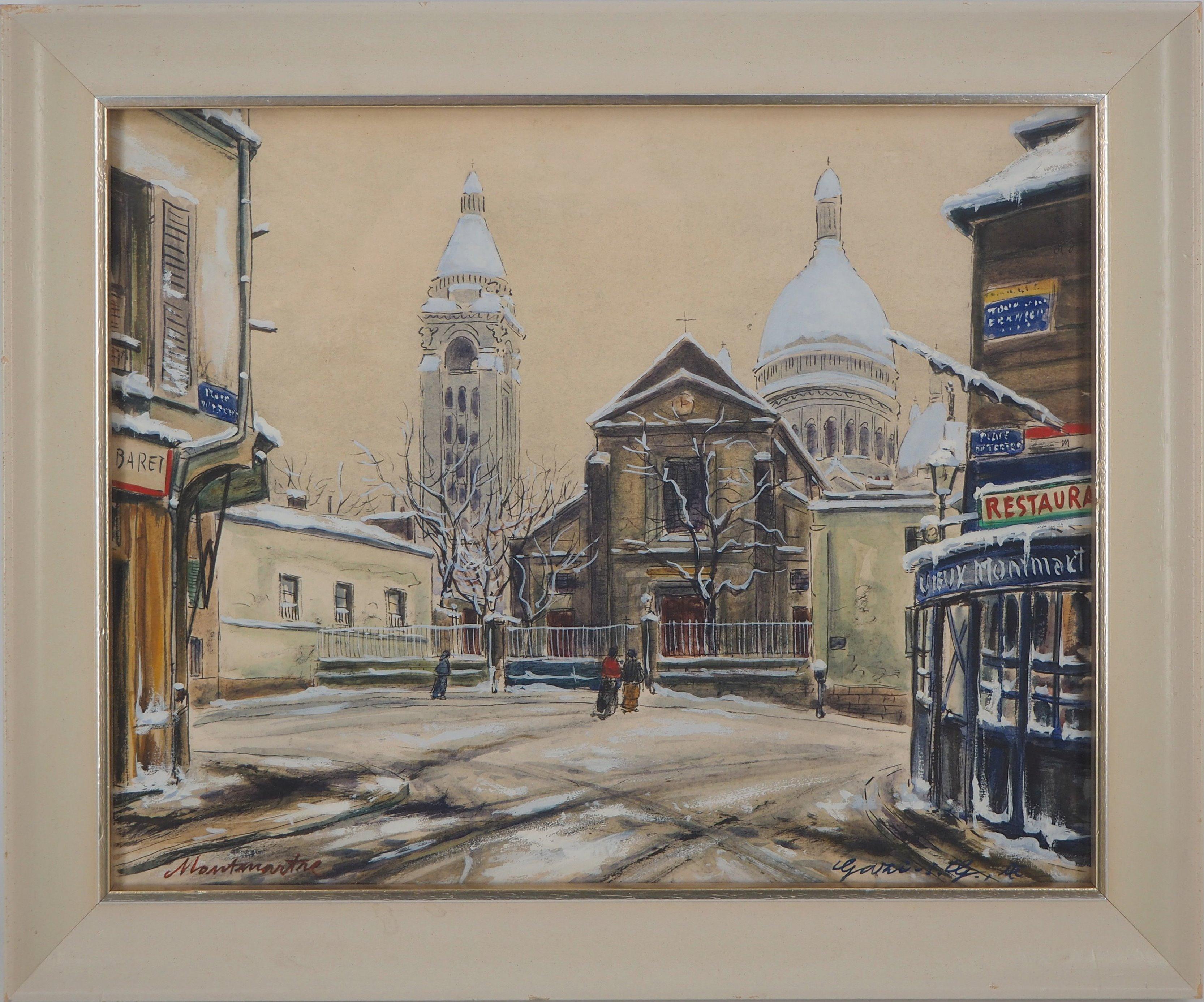 IG Gazi le Tatar Landscape Art - Paris Montmartre : Sacre Coeur Church - Original watercolor, Signed (Utrillo)