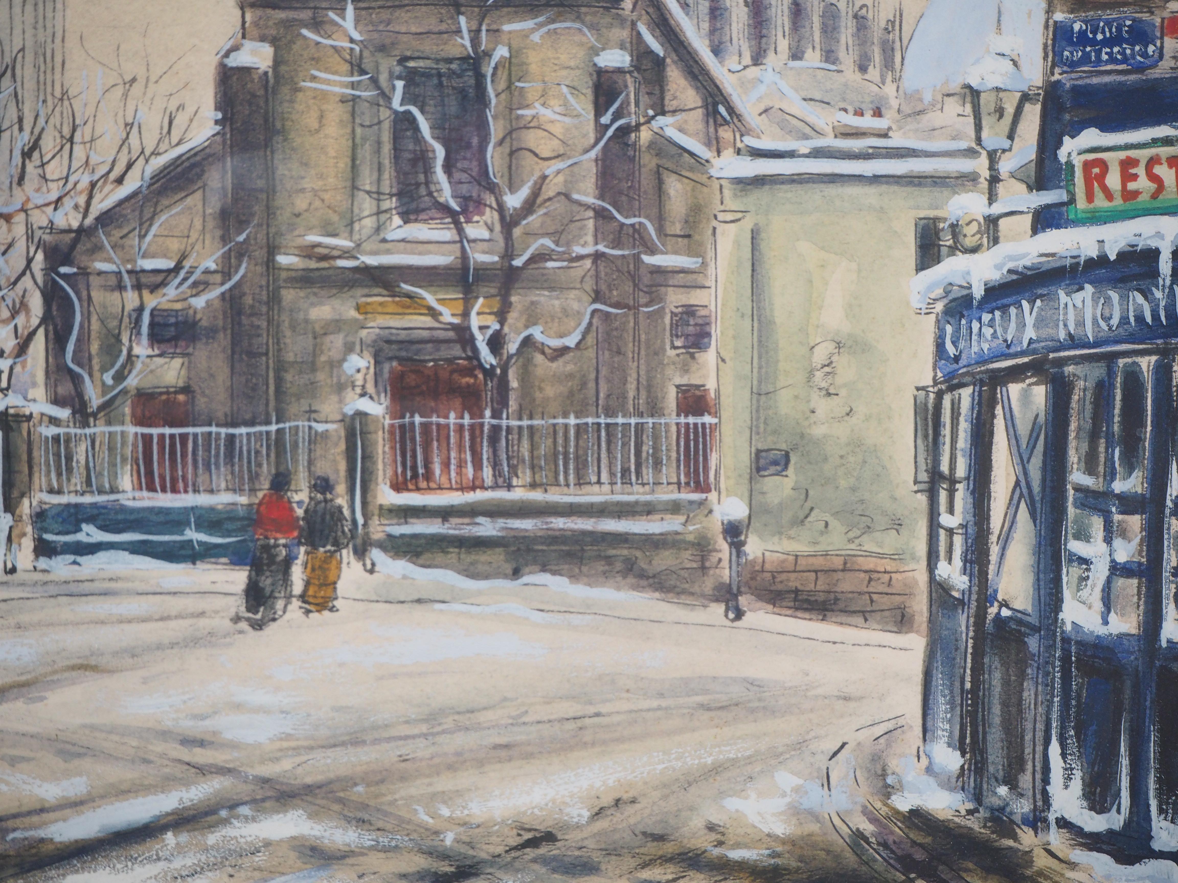 Paris Montmartre : Sacre Coeur Church - Original watercolor, Signed (Utrillo) - Brown Landscape Art by IG Gazi le Tatar