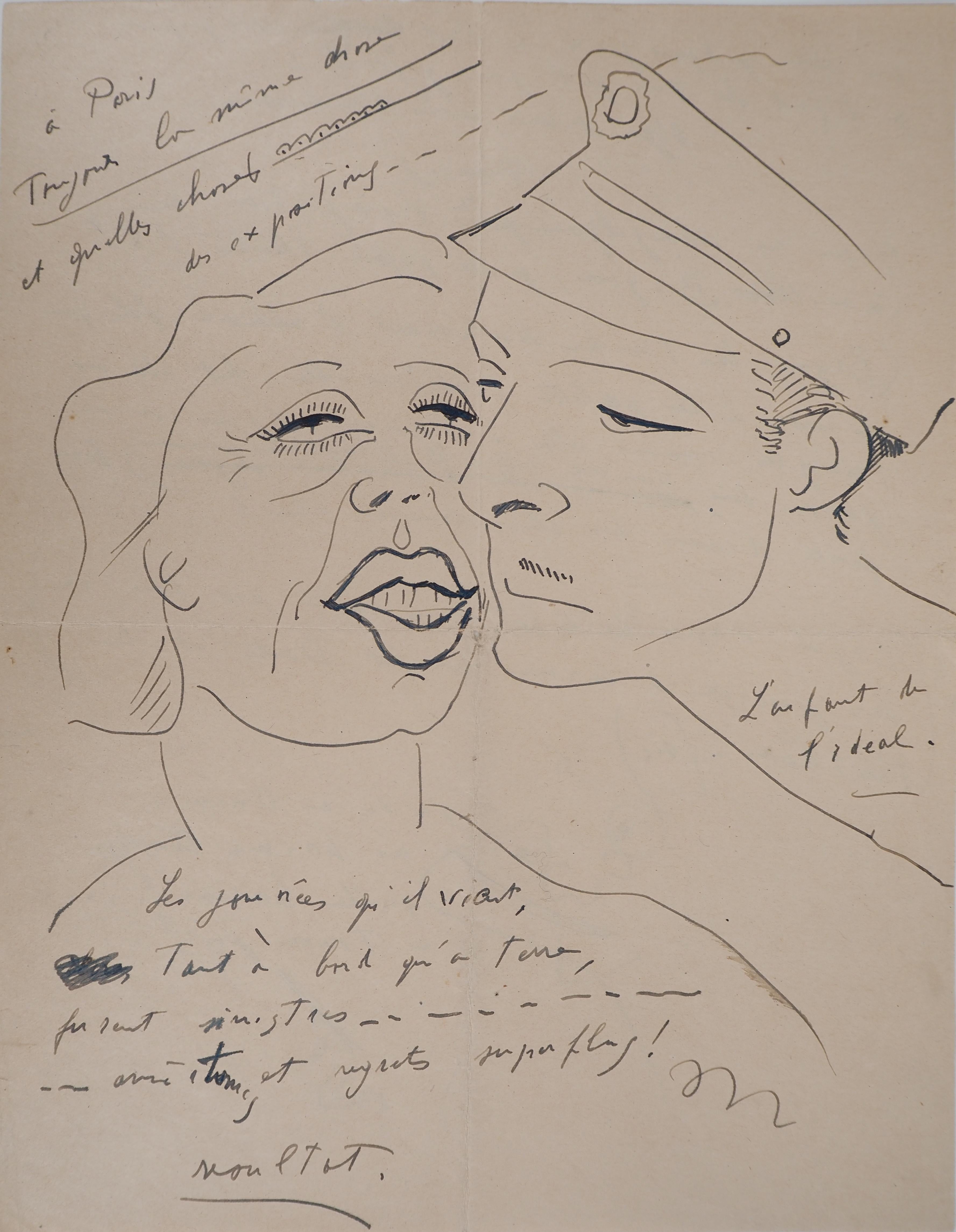 Francis Picabia Figurative Art - Couple, The Kiss - Original Ink Drawing, Handsigned