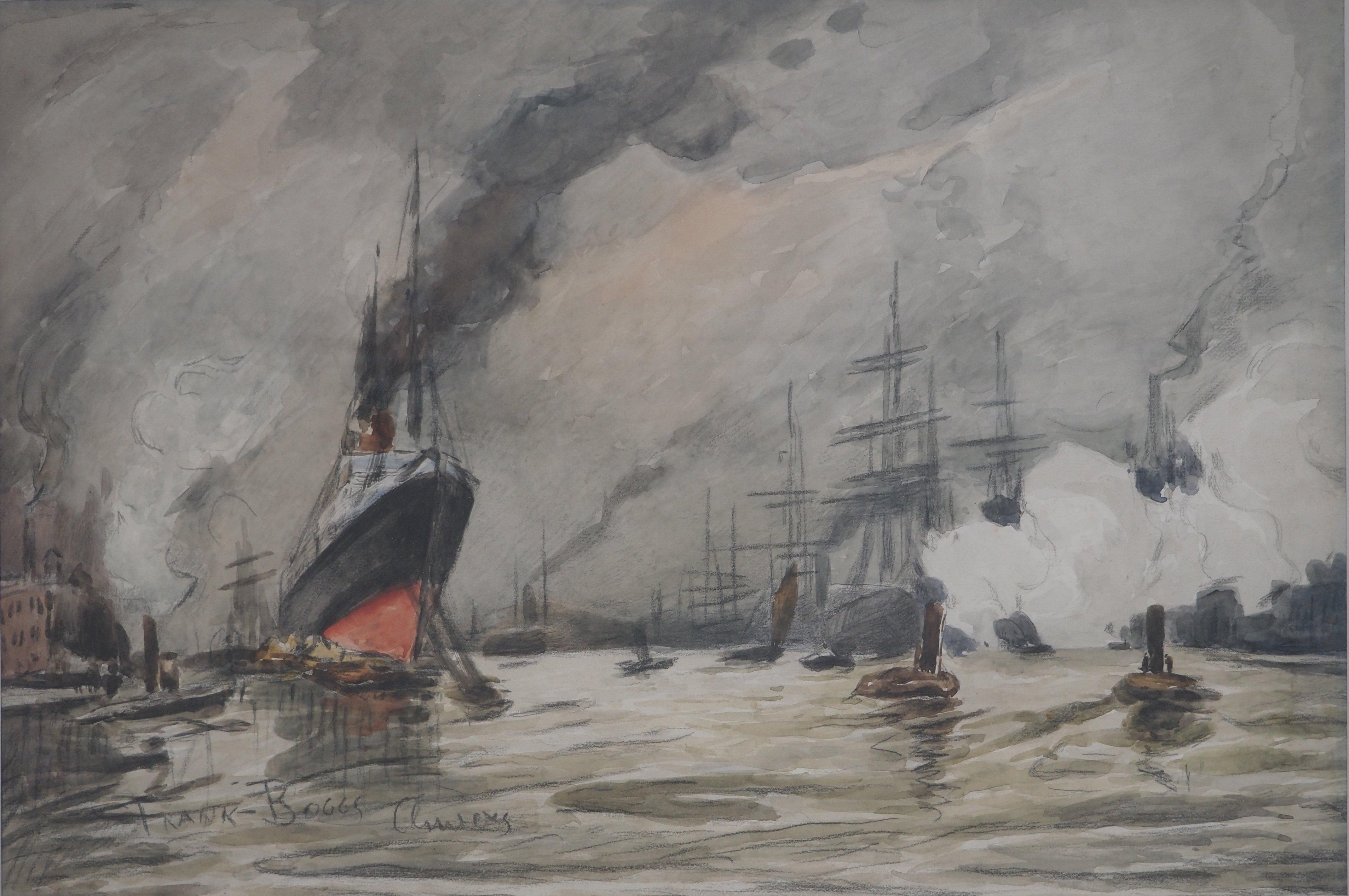 Ozean-Leinen und Segelboote in Holland – Original-Gemälde in Gouache und Aquarell