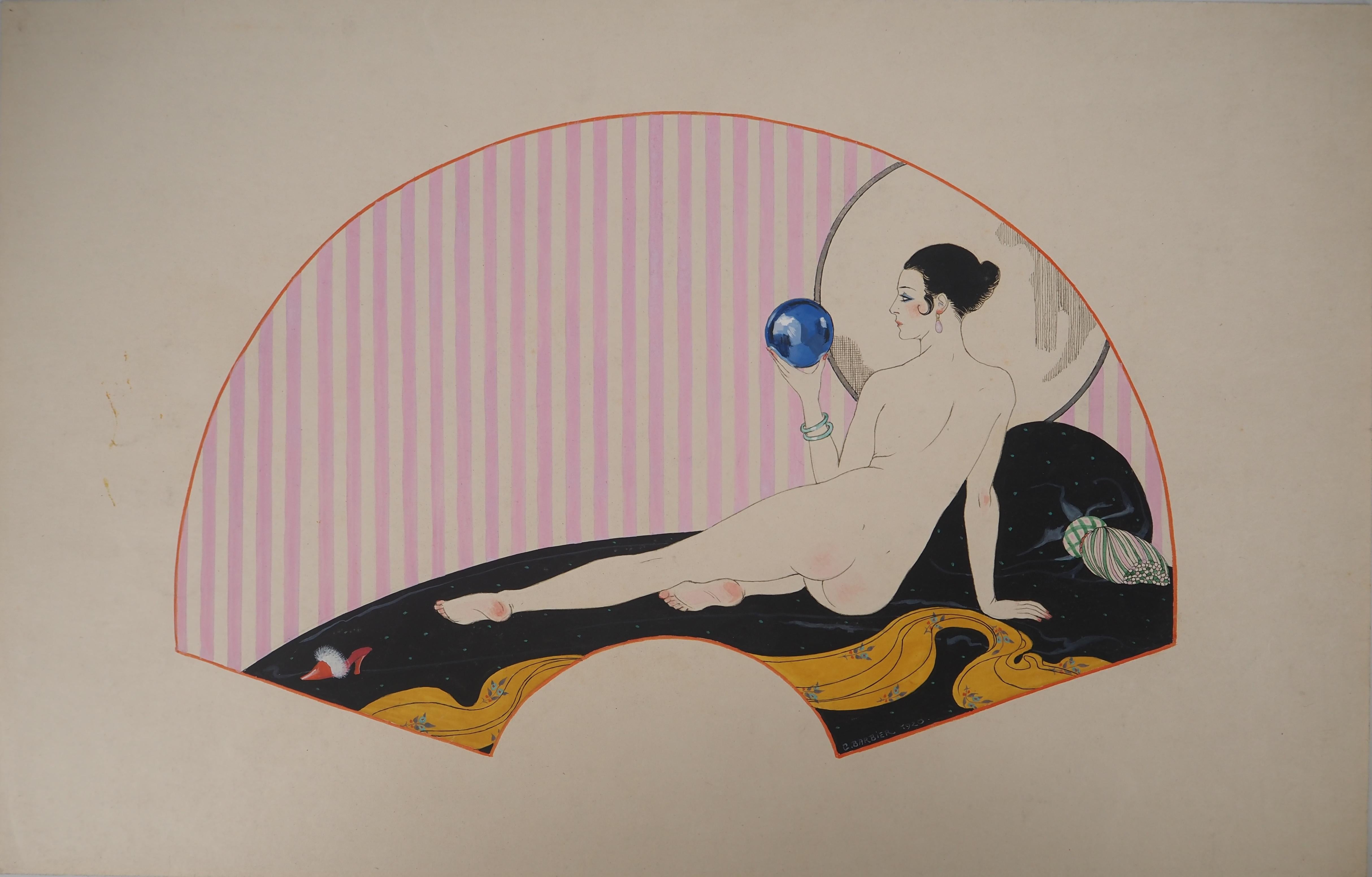 Nude George Barbier - Art nouveau : Nu avec boule de cristal - Aquarelle et gouache originales, signée