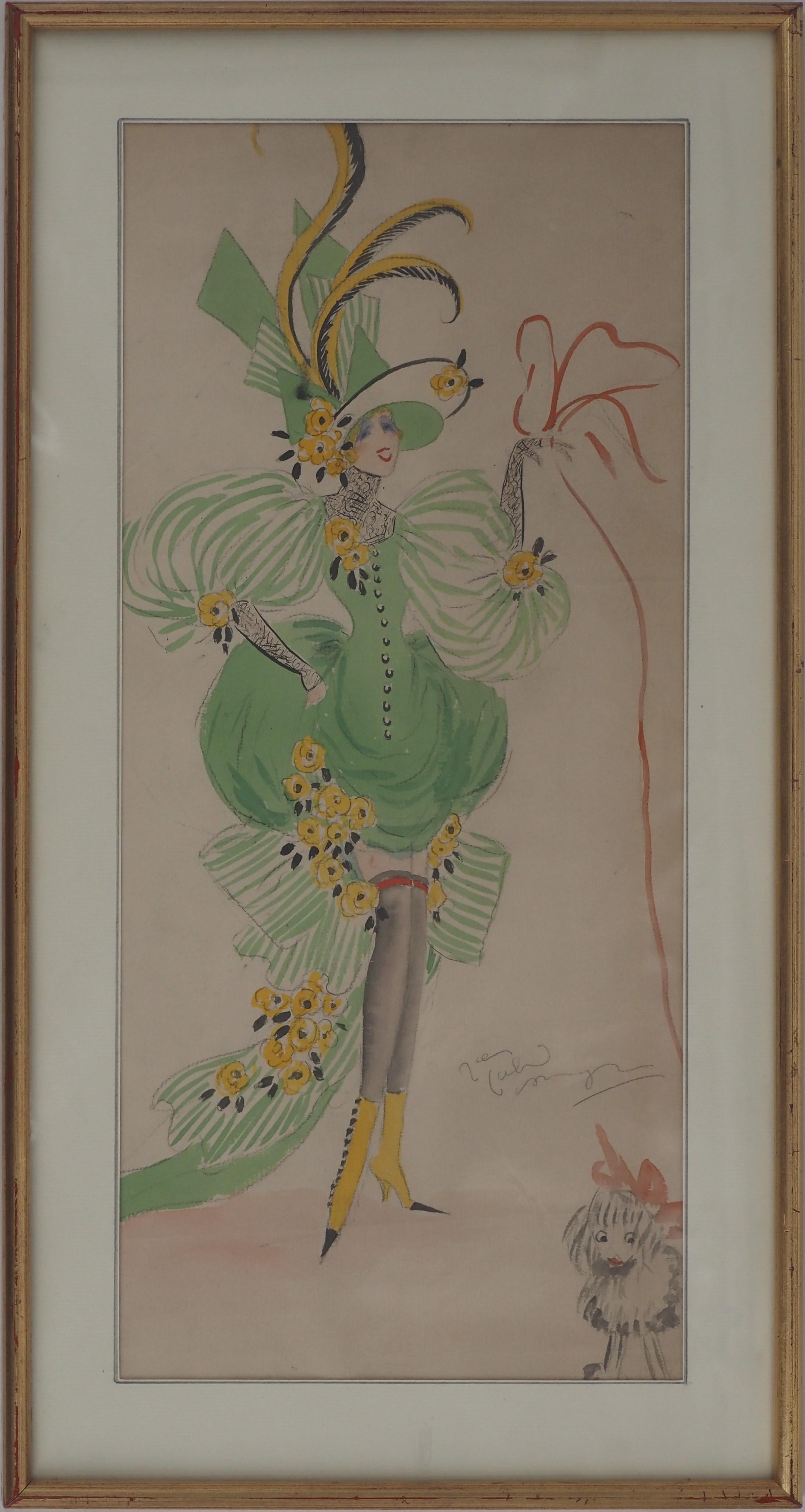 Theater Costume : Allegory of Spring and Little Dog - Watercolor, handsigned