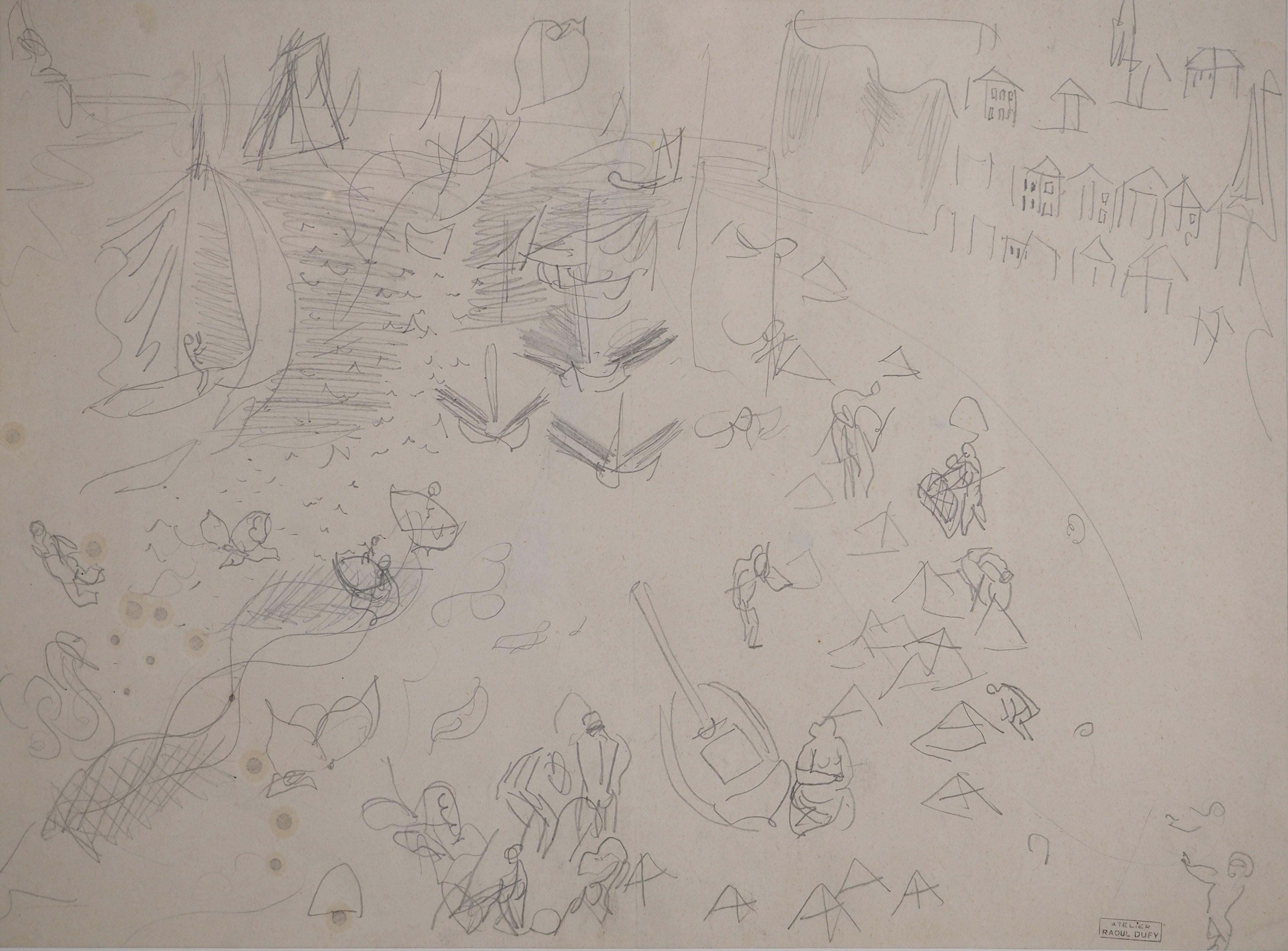 Raoul Dufy Landscape Art - Normandy : Animated Beach and Sailboats - Original Pencil Drawing