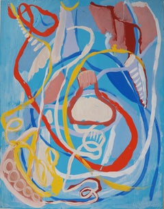 Abstract Composition on Blue Background - Original Gouache Painting, Signed