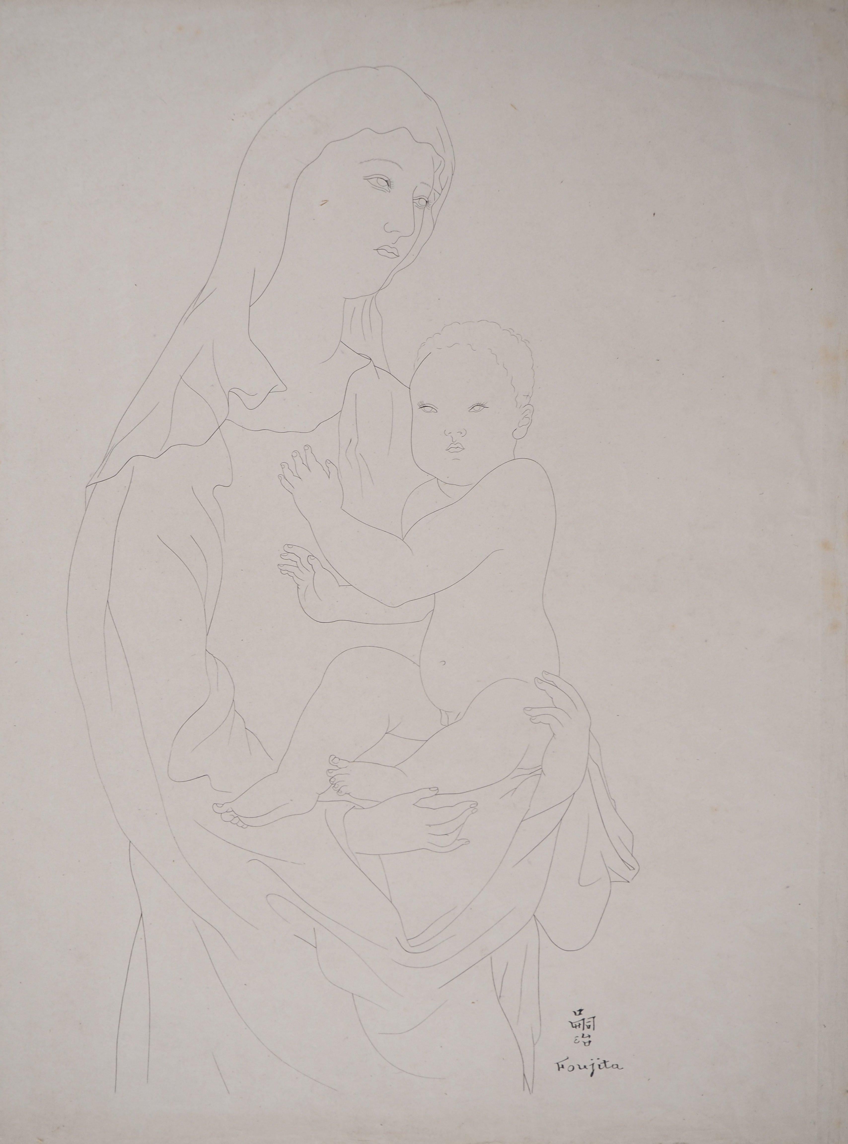 Leonard Tsuguharu Foujita Portrait – Madonna und Kind – Orignal-Indianer-Tintenzeichnung, signiert