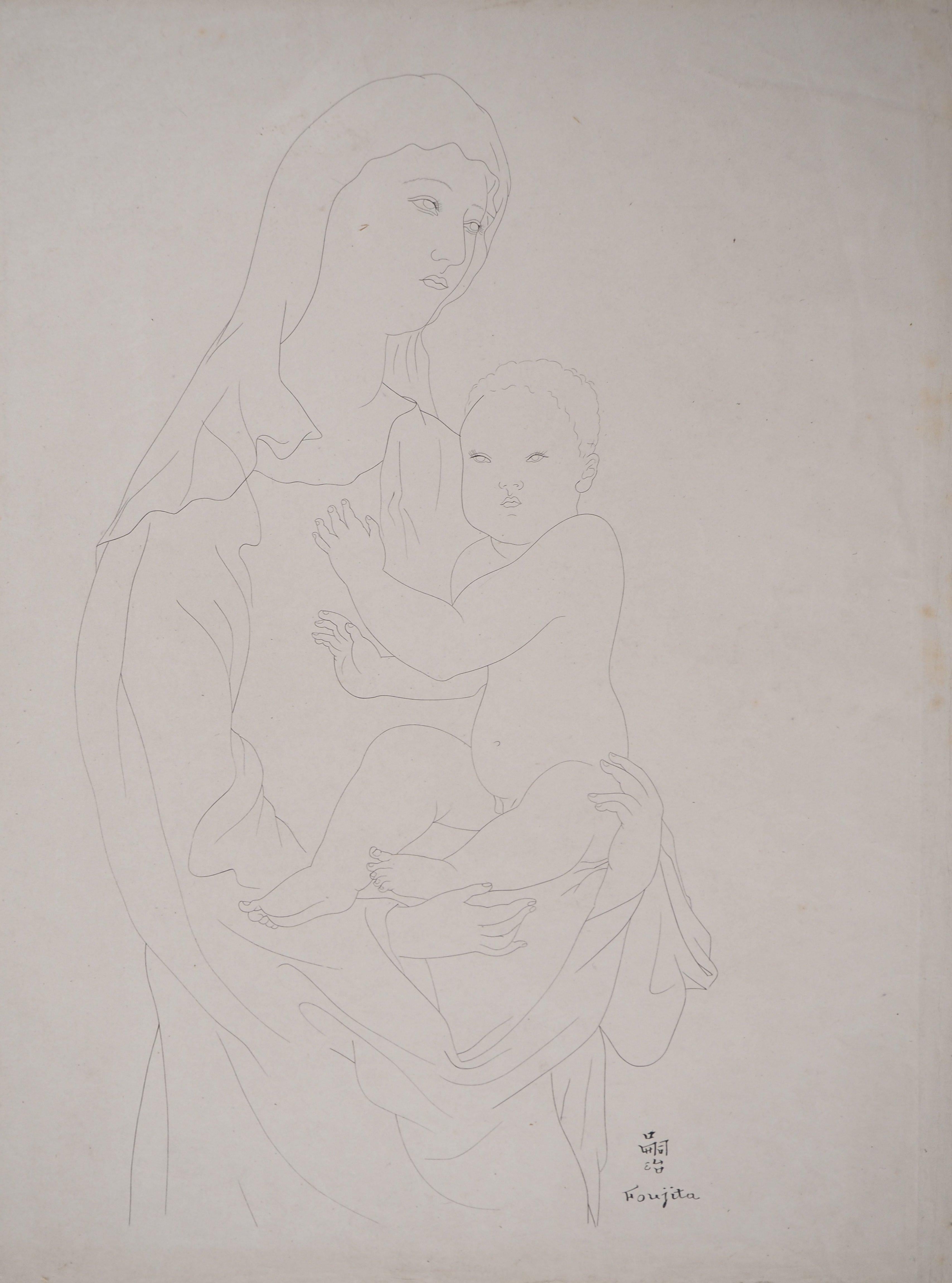 Leonard Tsuguharu Foujita Portrait - Madonna and Child - Orignal Indian Ink Drawing, Signed