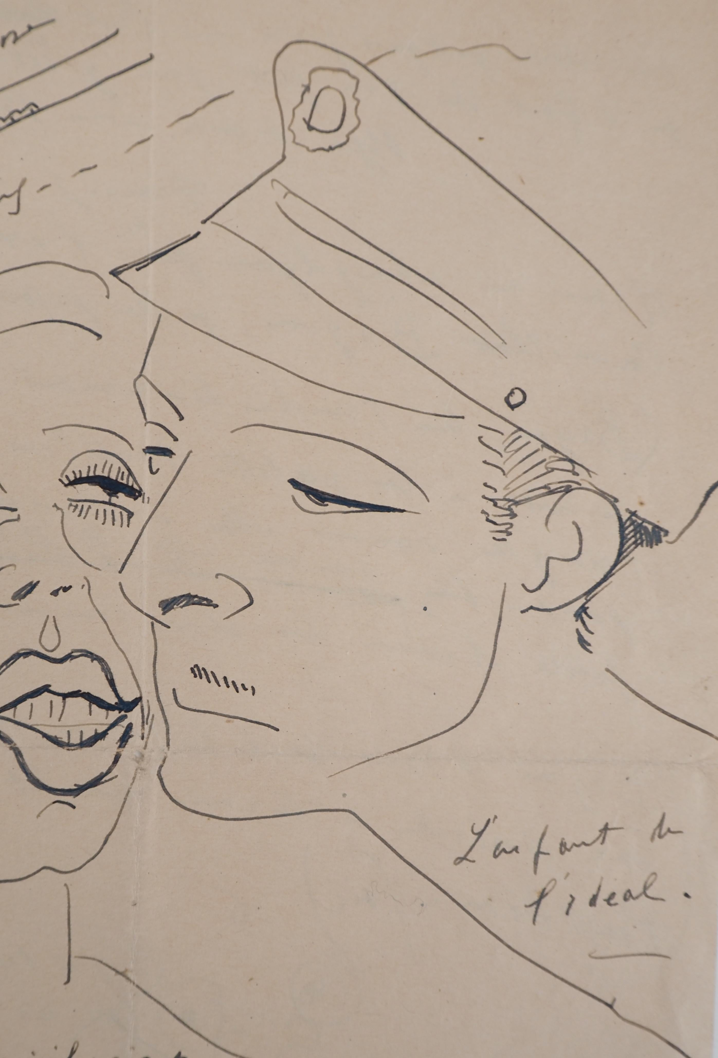 Francis PICABIA
Couple, The Kiss, 1949

Original Ink Drawing
Handsigned 'Francis' on the back
On paper 27 x 21 cm (c. 11 x 8 in)
This drawing is on the first side of a letter. On the back there is the other part of the letter with another small