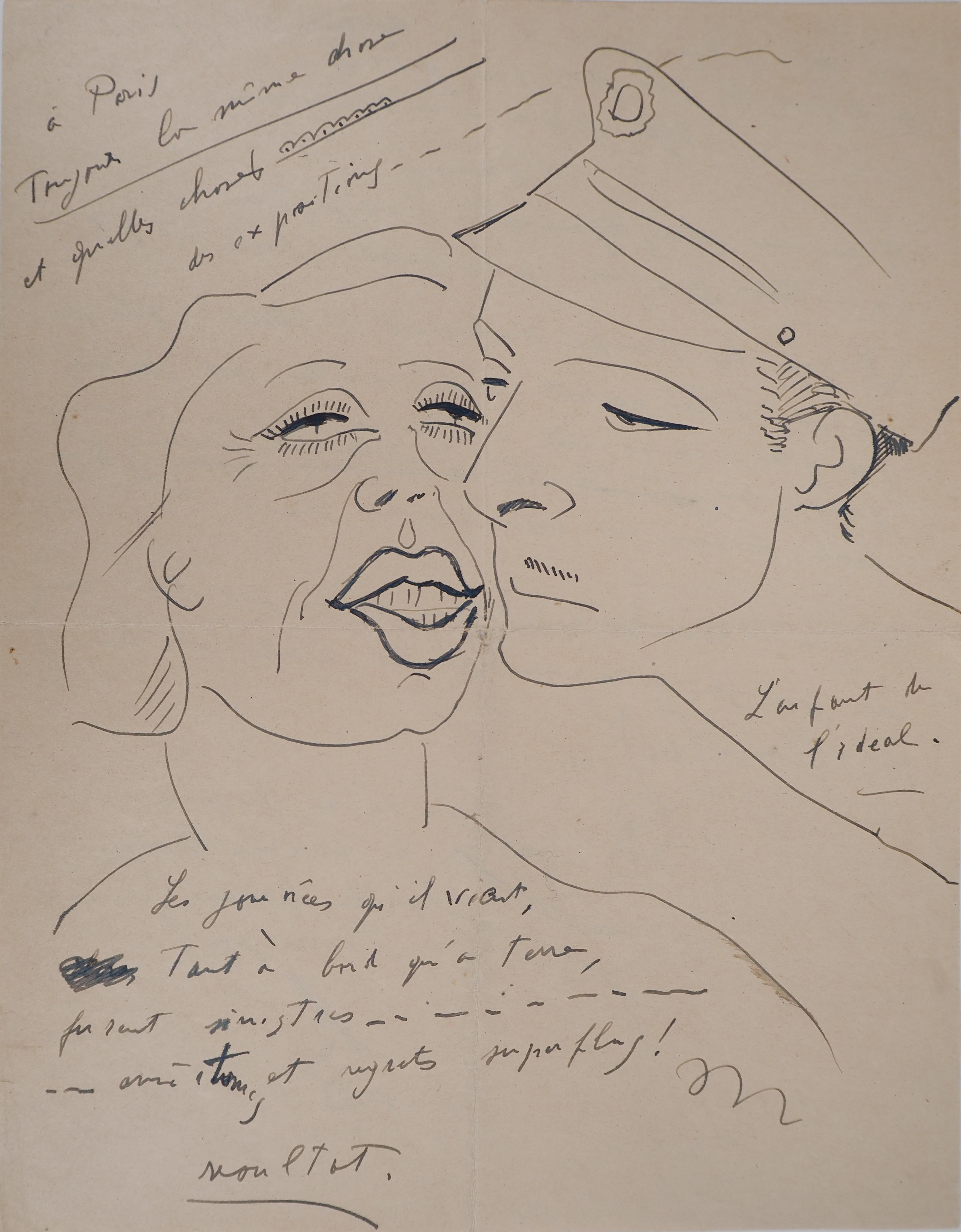 Couple, The Kiss - Original Ink Drawing, Handsigned - Art by Francis Picabia