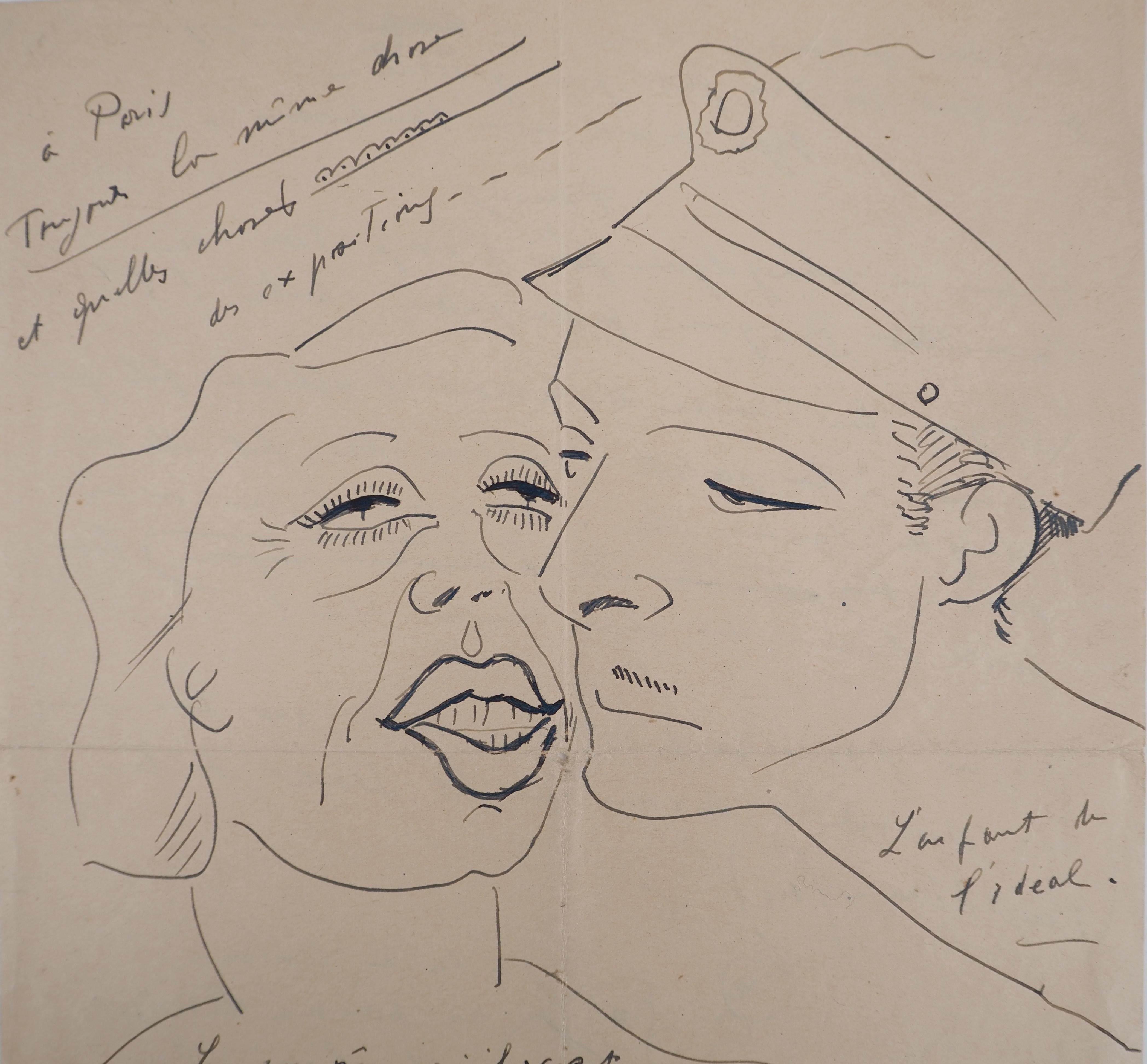 Couple, The Kiss - Original Ink Drawing, Handsigned - Modern Art by Francis Picabia