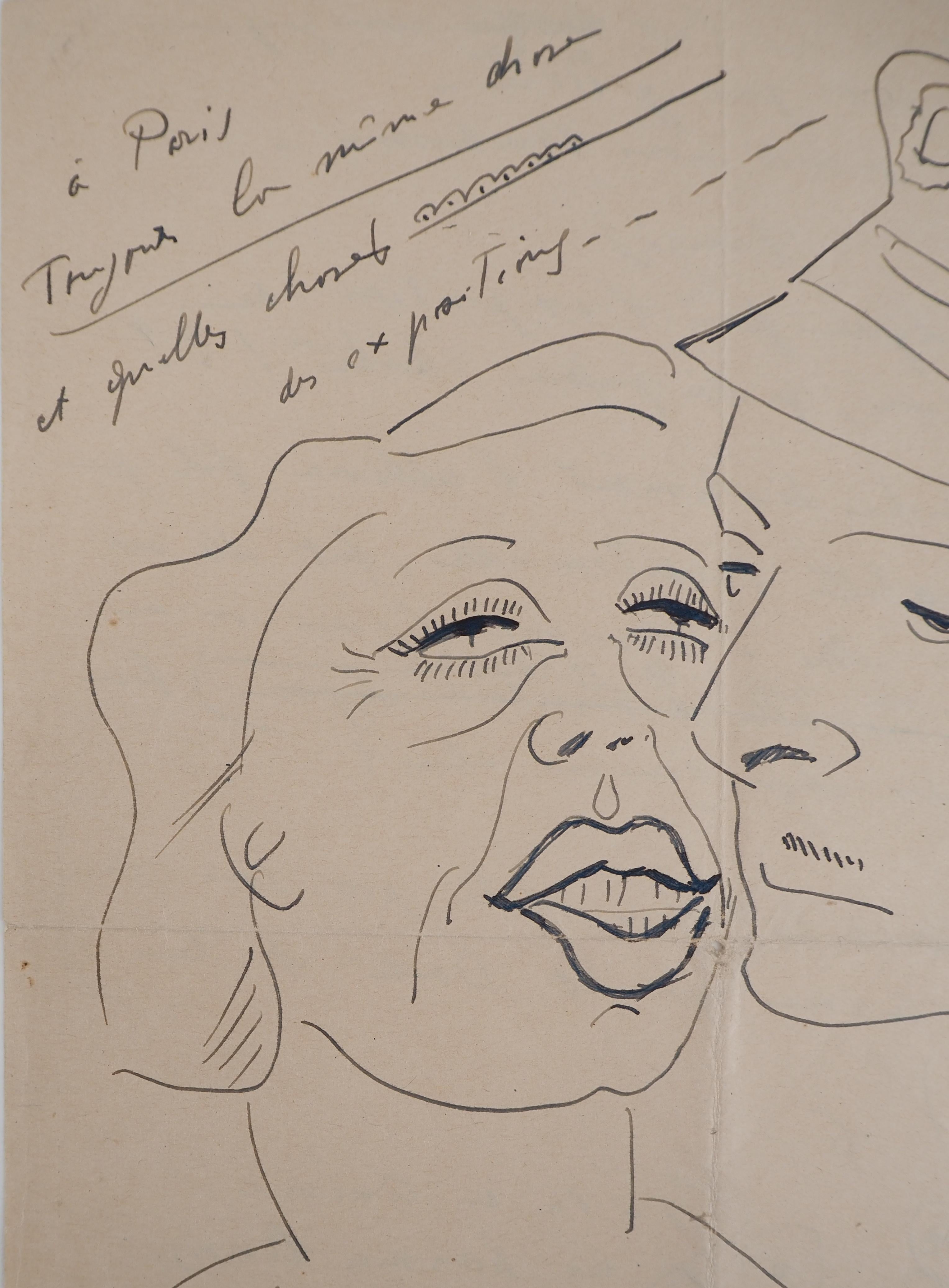 Couple, The Kiss - Original Ink Drawing, Handsigned - Brown Figurative Art by Francis Picabia