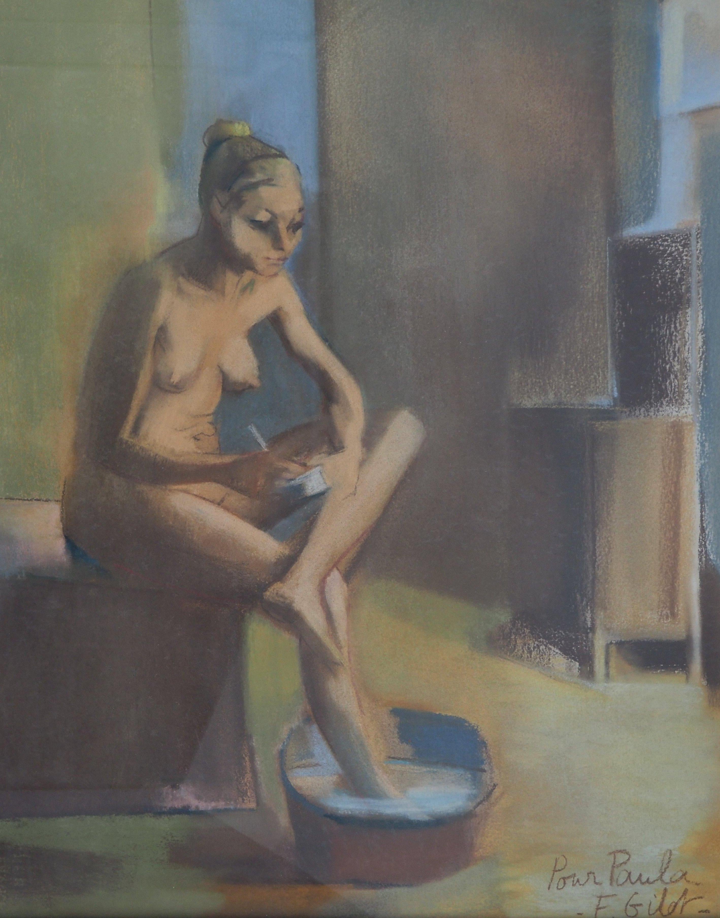 Woman in the Hammam - Original Pastel Drawing, Signed #REFERENCED - Brown Nude by Françoise Gilot