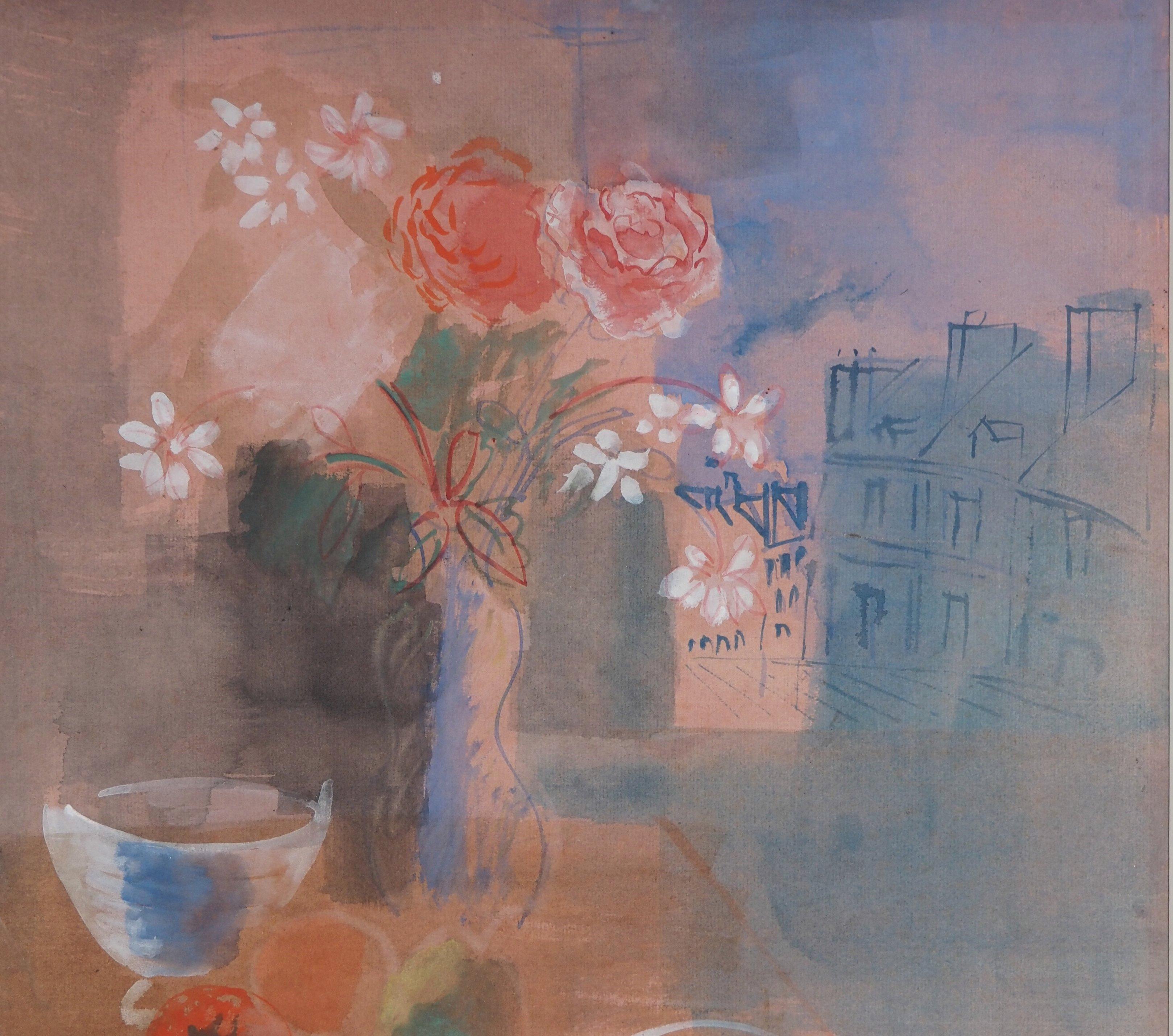 Jean Dufy
My Table with View on the Roofs of Paris

Watercolor and gouache on paper
Signed at the top right
On paper 53 x 40 cm at view (c. 21 x 16 in)
Presented in a golden wood frame 79 x 66 cm (c. 32 x 26 in)

PROVENANCE :
- Auction sale Ader