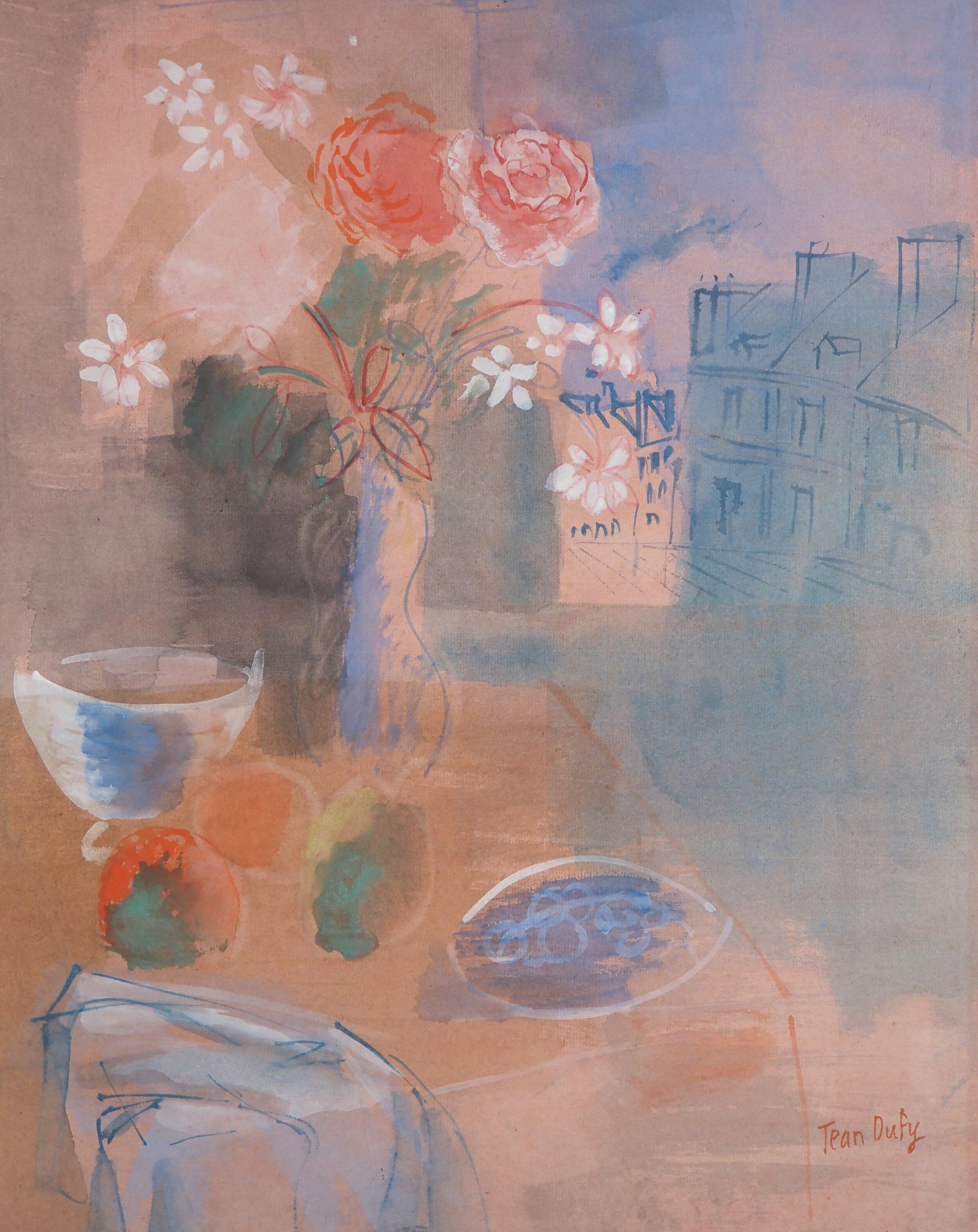 My Table with View on the Roofs of Paris - Original Watercolor & Gouache, Signed - Brown Landscape Art by Jean Dufy