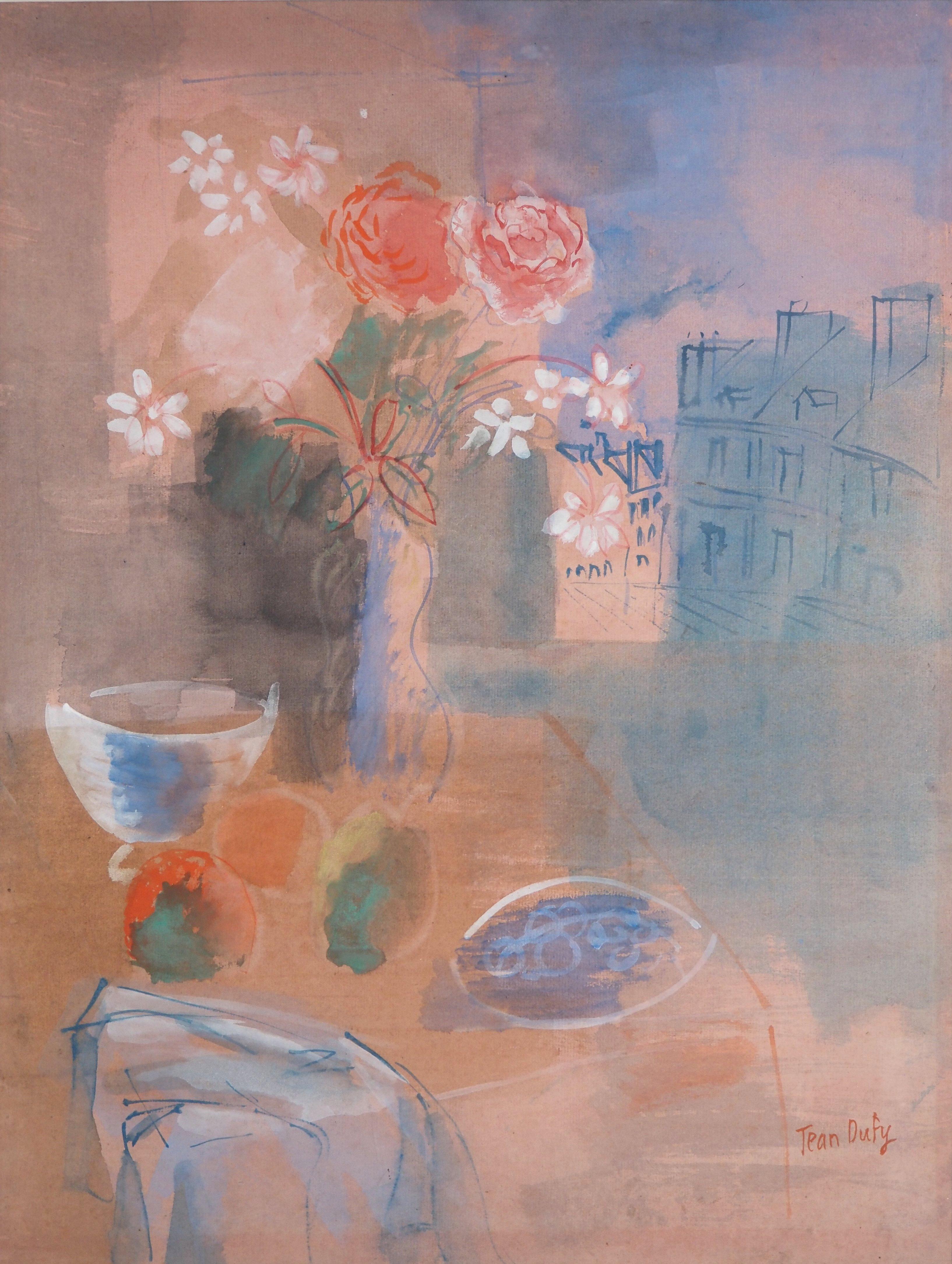 My Table with View on the Roofs of Paris - Original Watercolor & Gouache, Signed - Modern Art by Jean Dufy