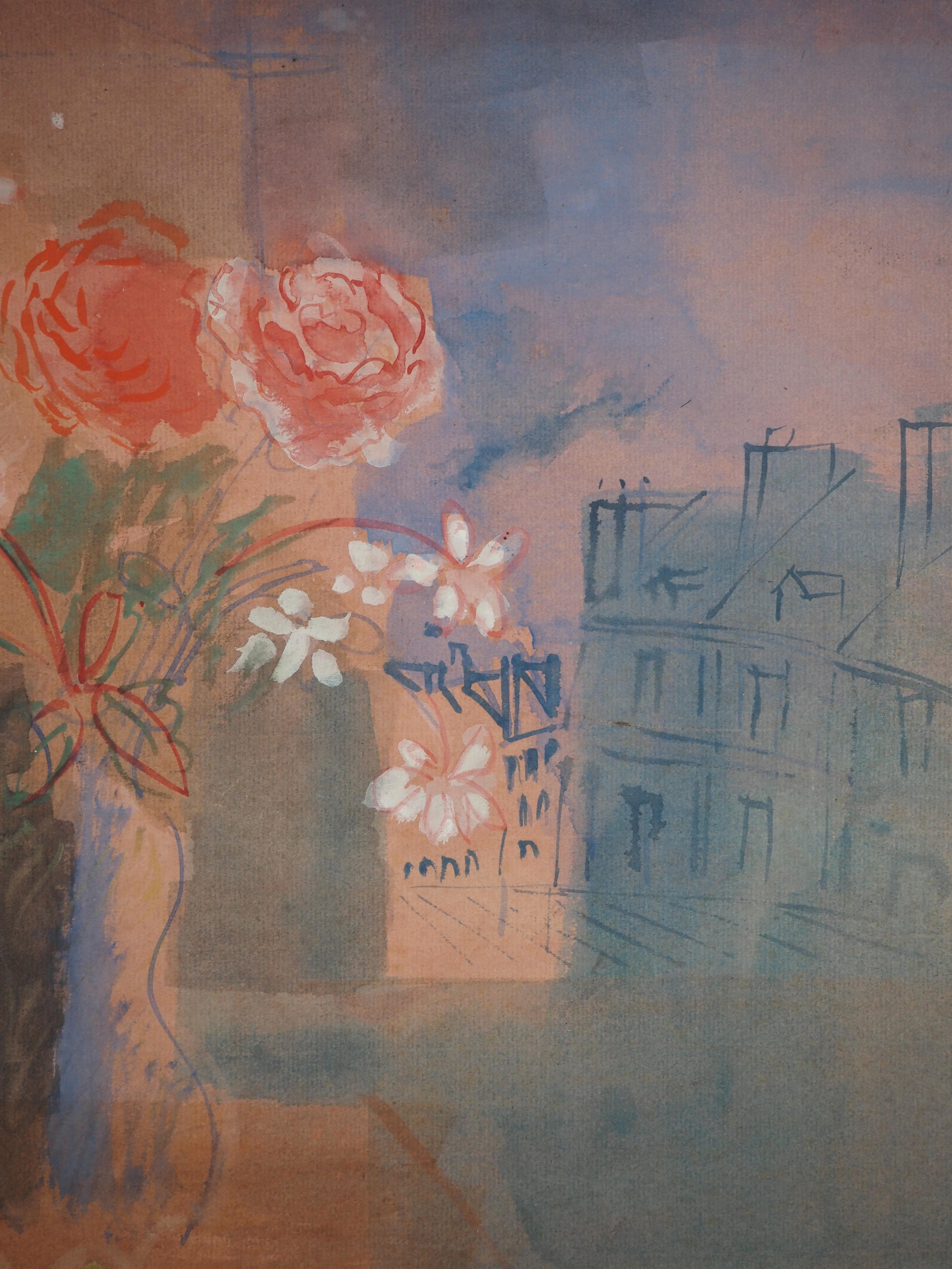 My Table with View on the Roofs of Paris - Original Watercolor & Gouache, Signed For Sale 4