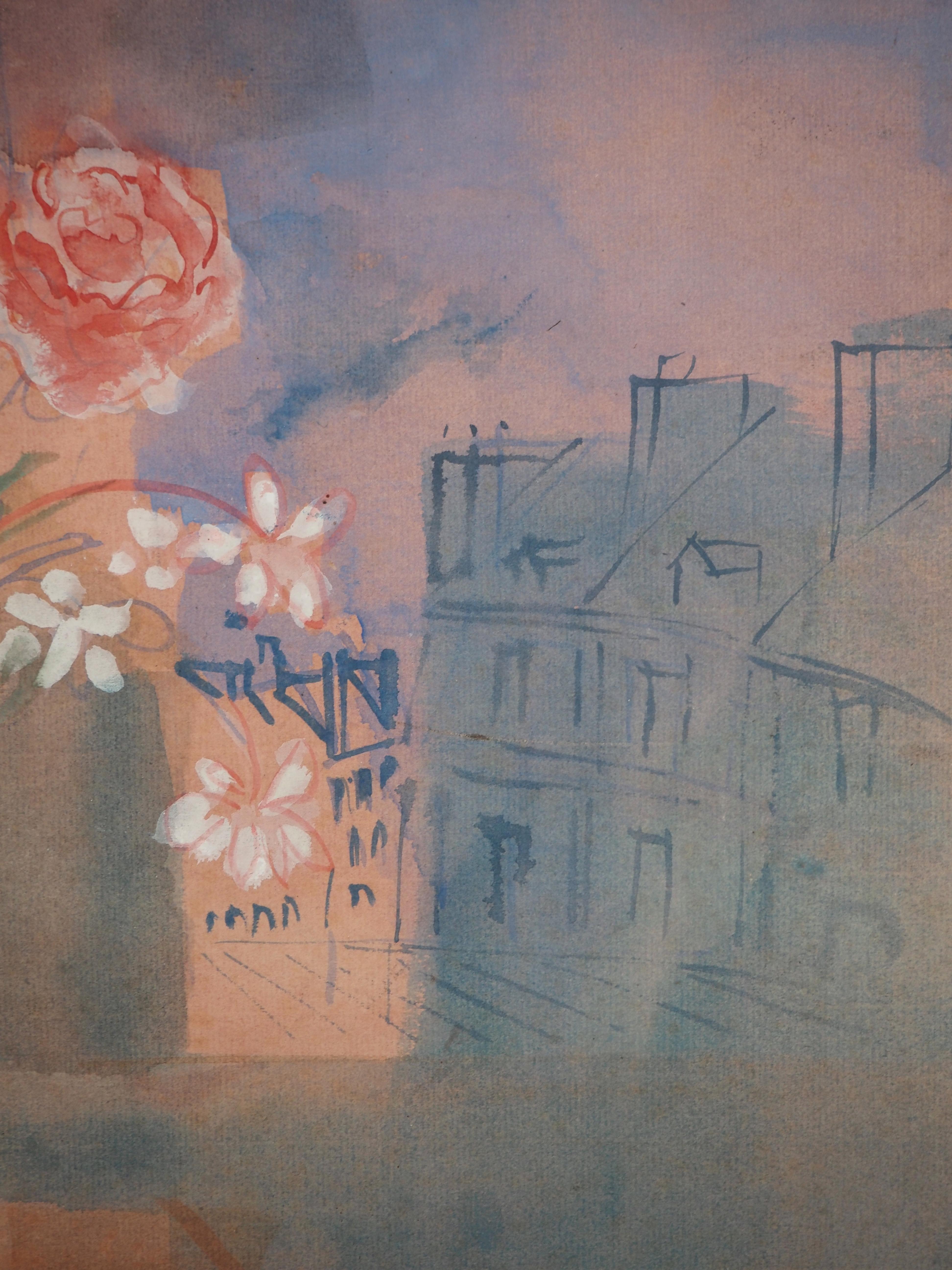 My Table with View on the Roofs of Paris - Original Watercolor & Gouache, Signed For Sale 10
